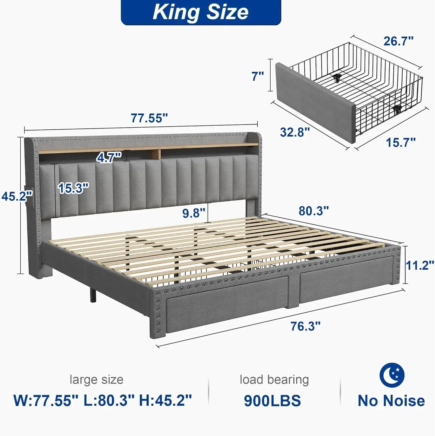 King Size Bed Frame, Upholstered King Bed Frame with 2 Storage Drawers
