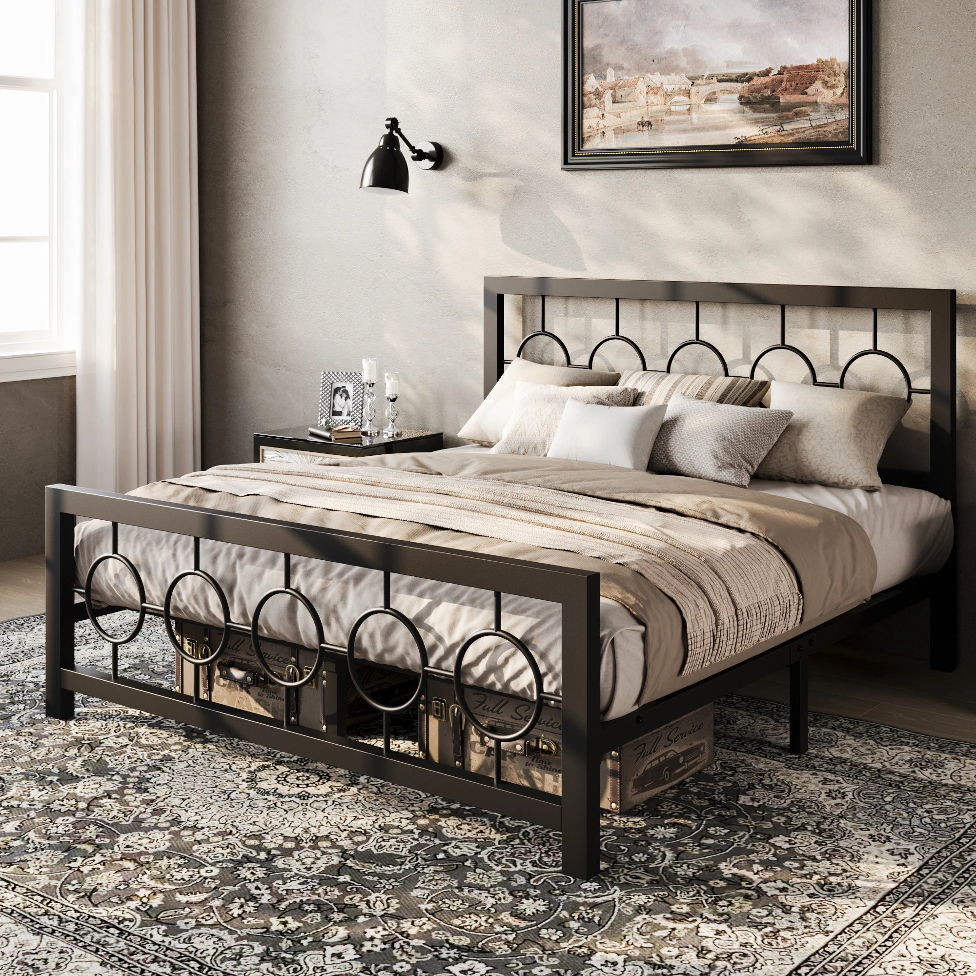 Metal Platform Bed Frame with Vintage Circular Design Headboard and Footboard,  Extra Under-Bed Storage