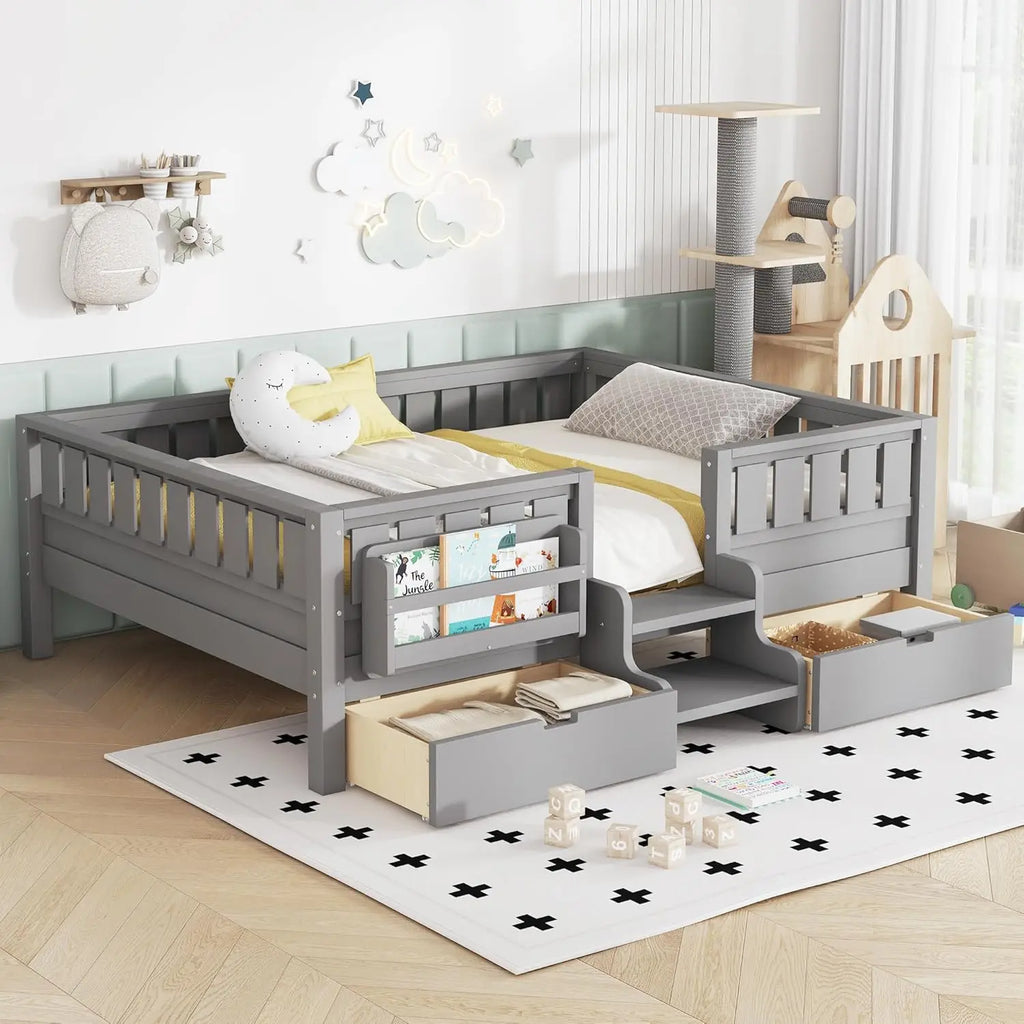 Full Size Kids Montessori Bed Frame with Stairs Bookshelf Drawers Storage Low Profile, Customized