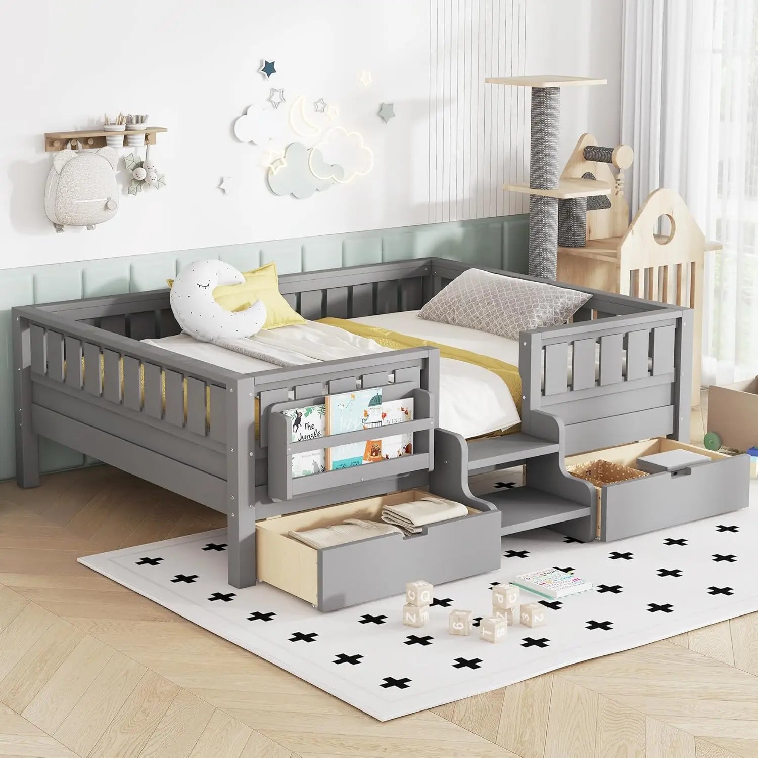 Full Size Kids Montessori Bed Frame with Stairs Bookshelf Drawers Storage Low Profile, Customized