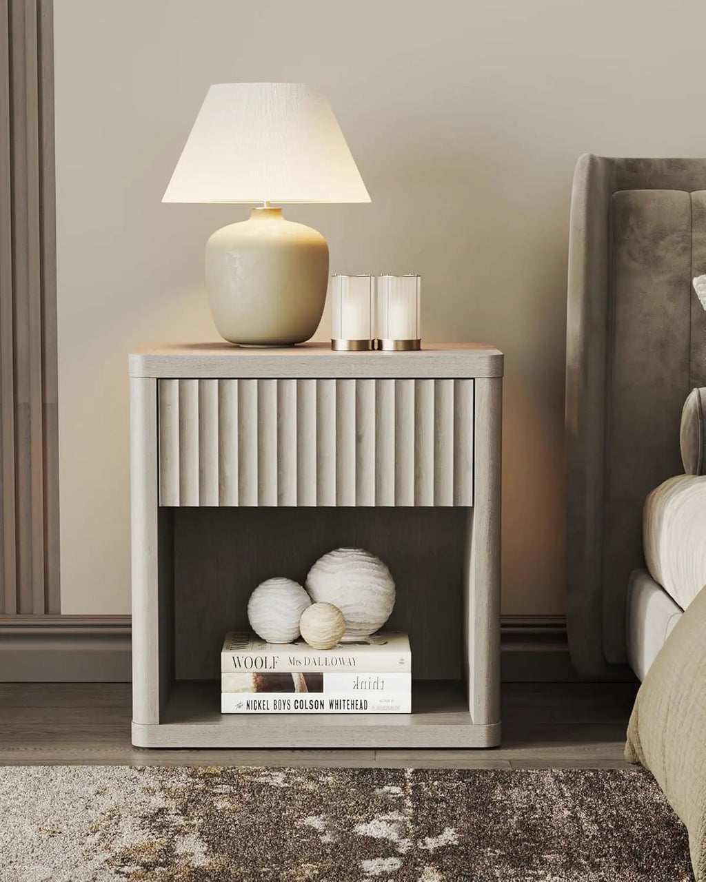 Set of 2 Nightstands with Drawer Storage Fluted Bed Side Table