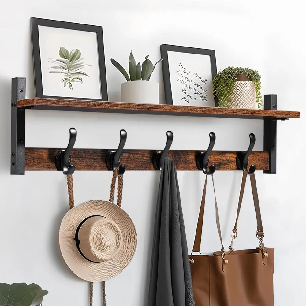29' Rustic Coat Rack Wall Mount with Shelf, Entryway Wall Hooks with Shelf, Coat Hangers for Bathroom, Living Room, Bedroom