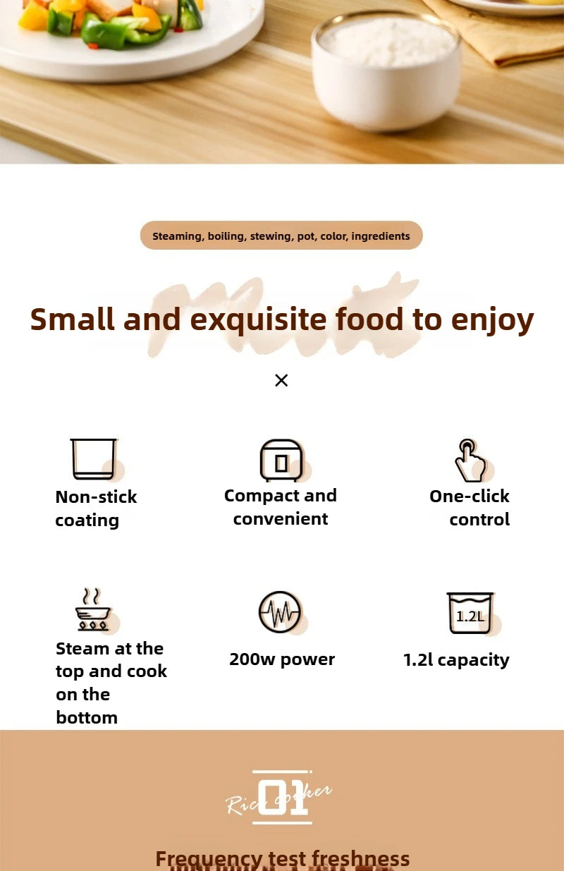 1.2L Mini Rice Cooker, 1-2 People Non-stick Inner Tank Rice Cooker