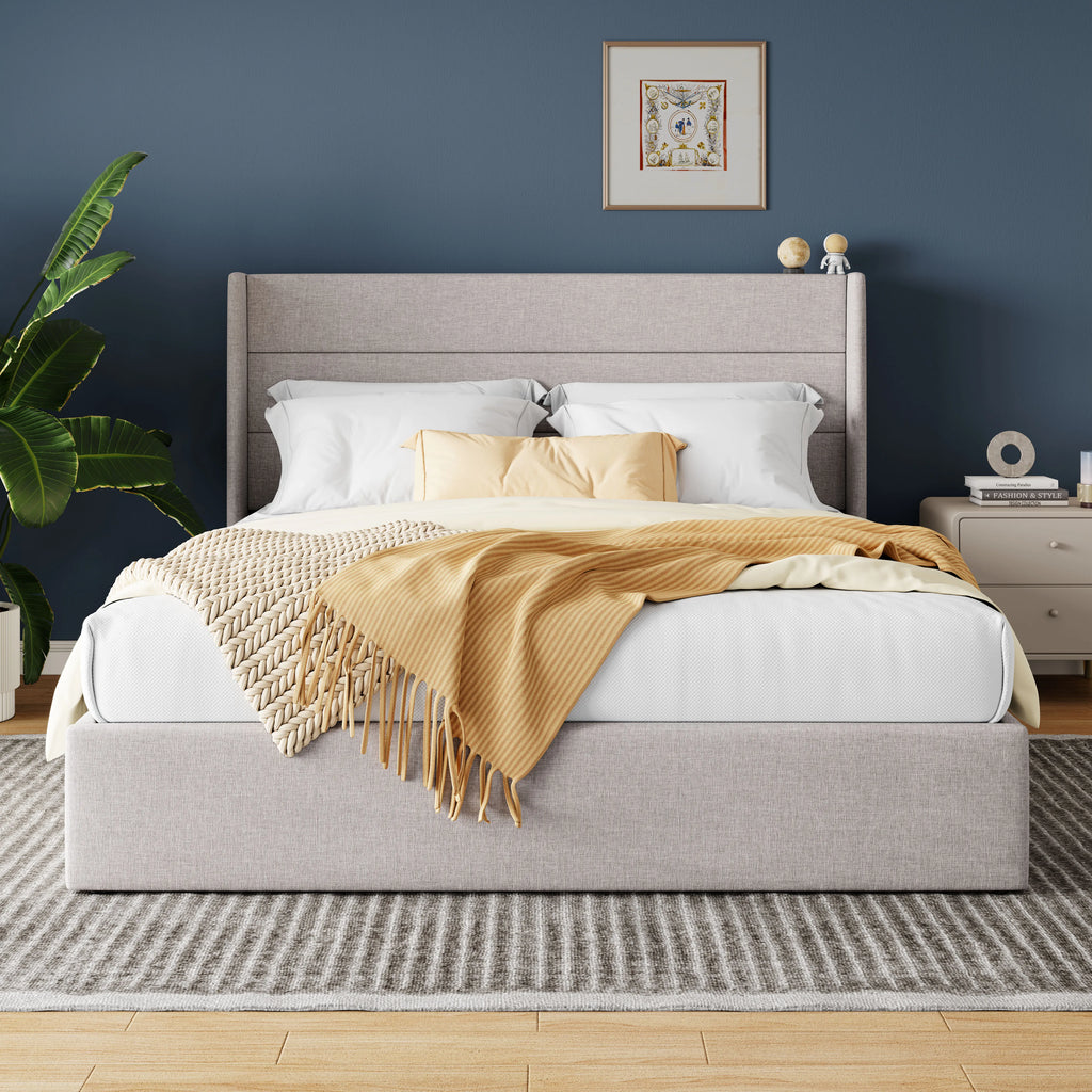 Lift Up Storage Bed with Wingback Headboard Large Underneath Storage