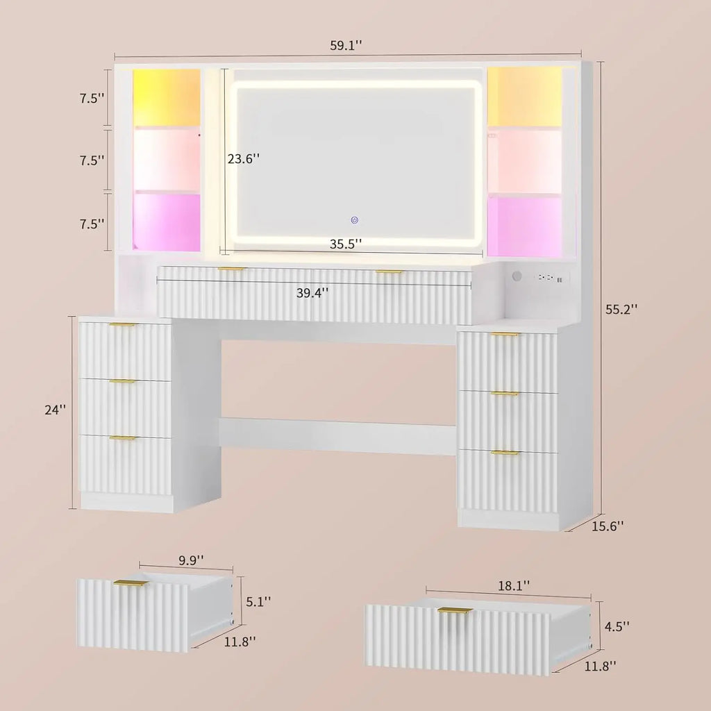 59.1" Fluted Wood Makeup Vanity Desk with Mirror and Sound Sync LED Lights
