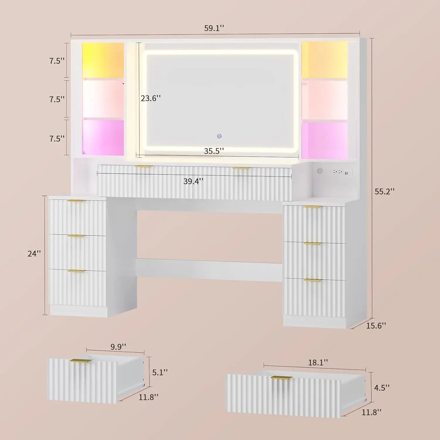 59.1" Fluted Wood Makeup Vanity Desk with Mirror and Sound Sync LED Lights