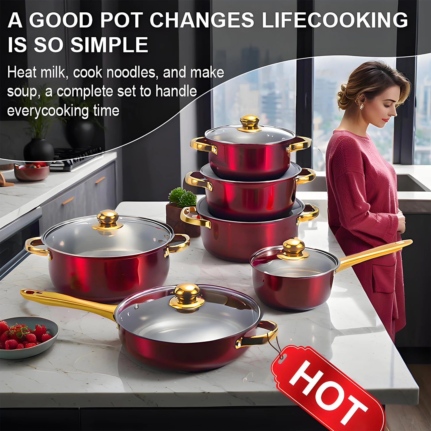Red Stainless Steel, Non-Stick Kitchen Cookware
