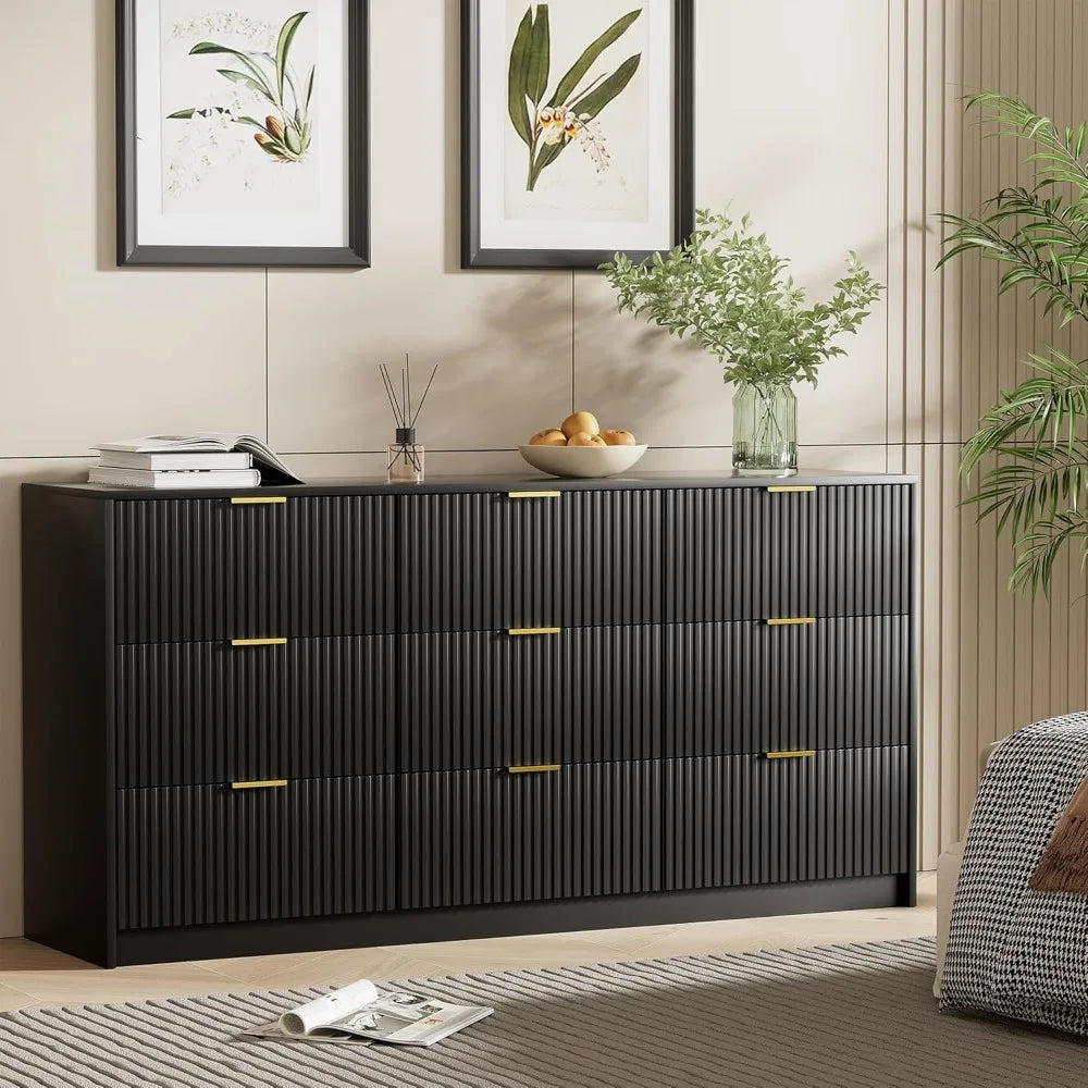 Modern Black Dresser with 9 Drawers, Golden Handles, Smooth Slides for Bedroom Living Room Storage