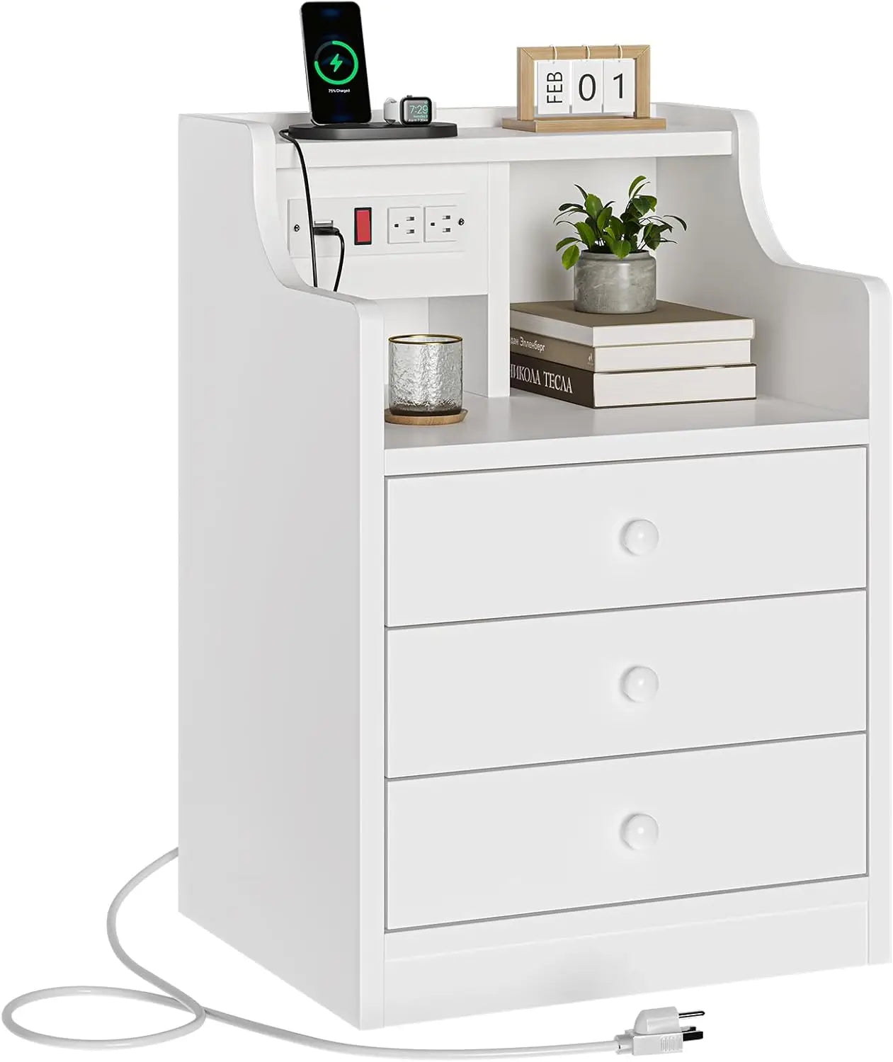 Nightstand with Charging Station & Storage Drawers,