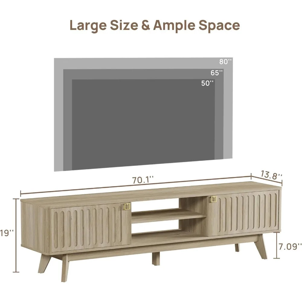 Modern TV Stand for 65/75/80 Inch TV,Long 70" TV Stand Entertainment Center with 2 Storage Cabinets,Fluted-Door Media TV Console