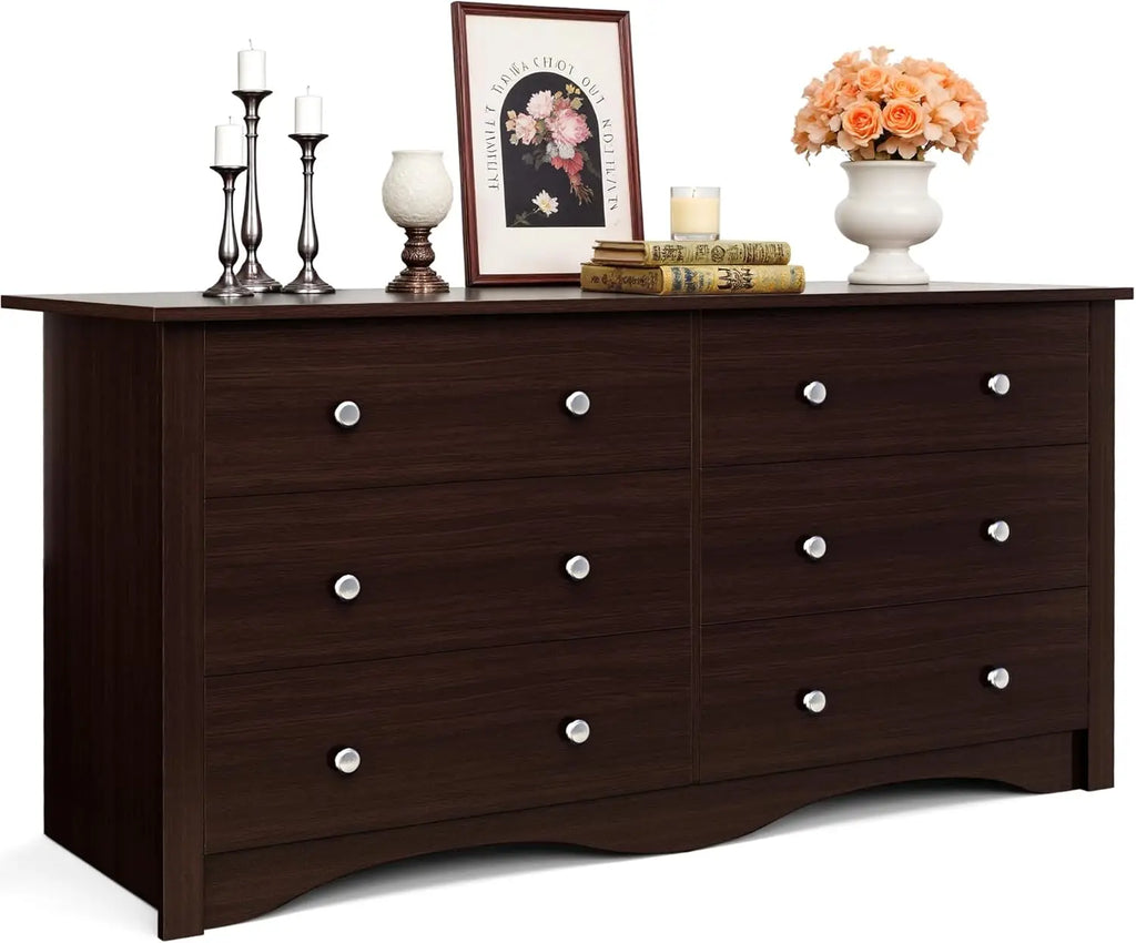 JUMMICO Dresser for Bedroom, 6 Wood Dresser Drawers, Wide Chest of Drawers, Storage Tower Unit Modern Design Bedroom Living Room