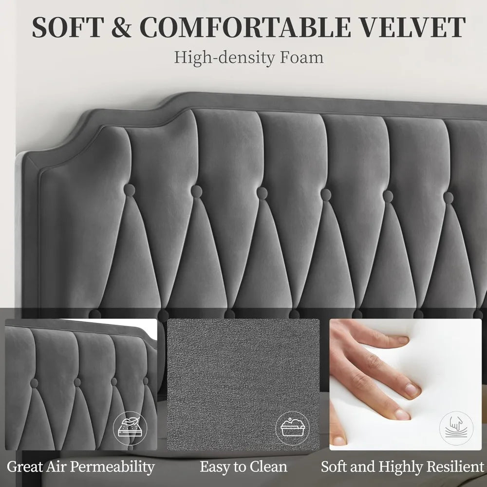 Queen Bed Frame Velvet Upholstered Platform Bed with Curved Headboard