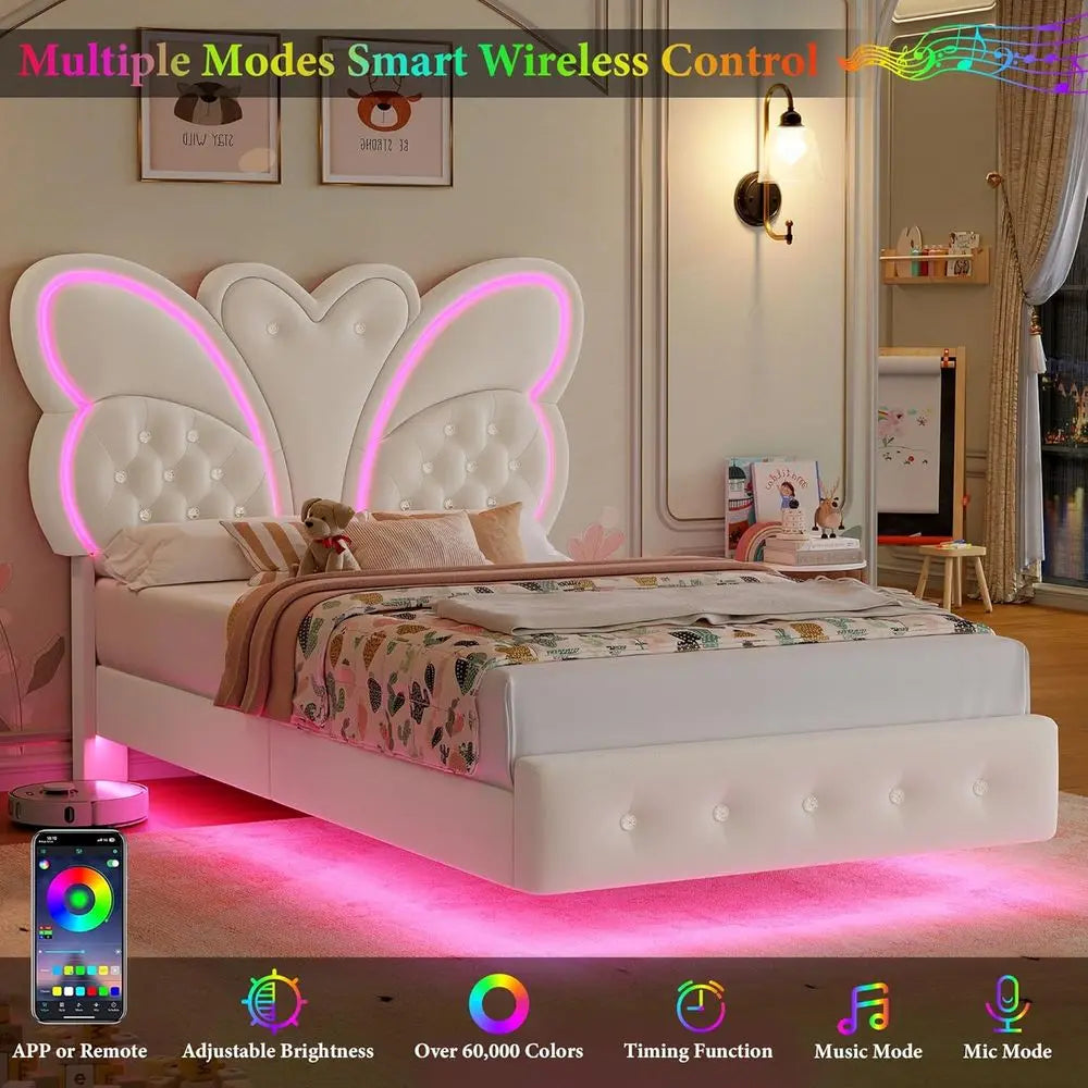 Modern Butterfly-Pattern Twin Bed Frame with LED Lights, Button Tufted Upholstered Headboard and Footboard, Slat Support