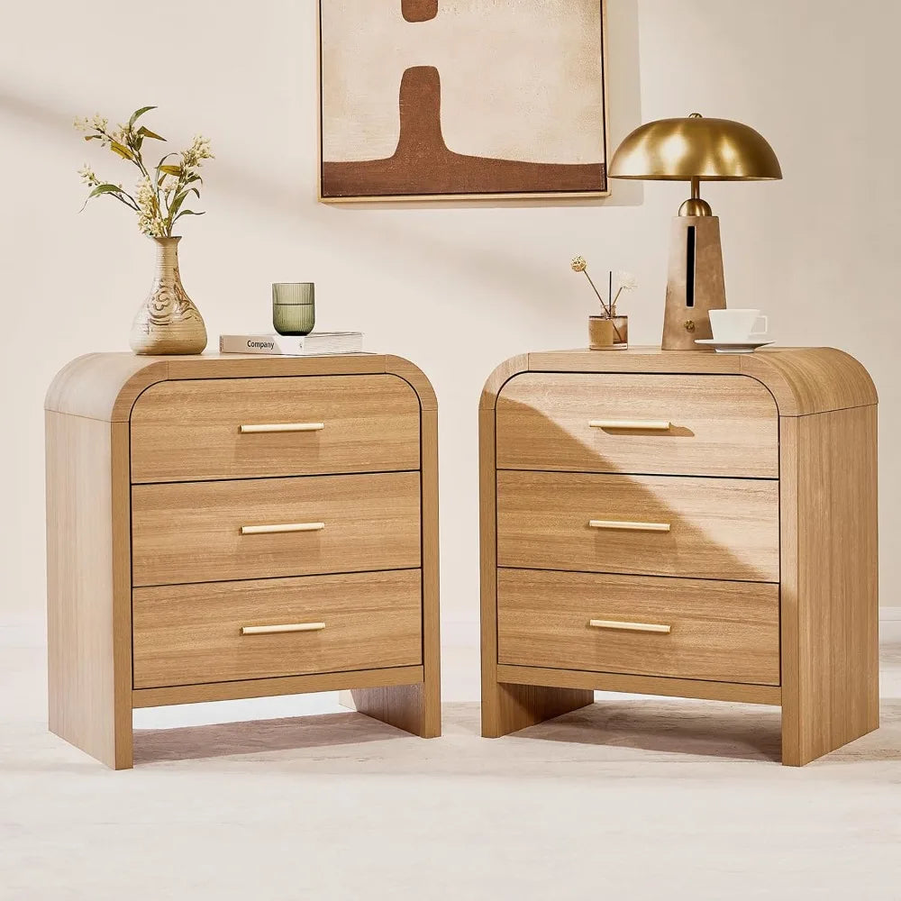 Set of 2, Curved Modern Night Stand with 3-Drawer