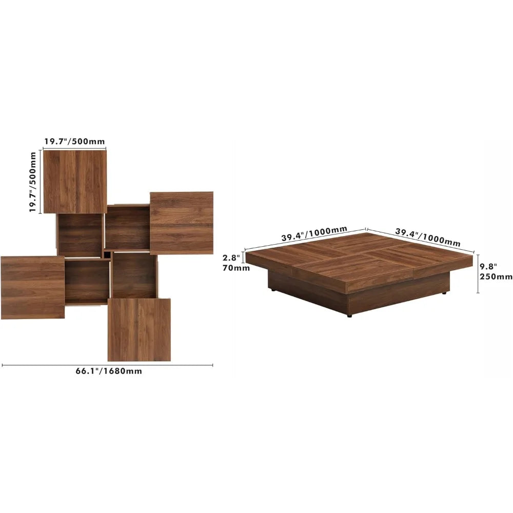 39.4'' Square Marble Veneer Coffee Table with Sliding Top & Ample Storage Walnut Finish, Modern and Sturdy MDF Design for