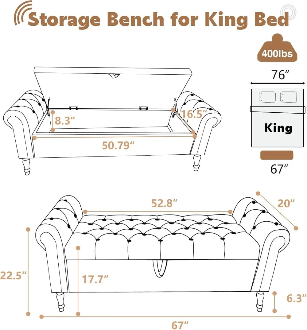 67'' Velvet Storage Bench for King Size Bed, Upholstered Tufted Ottoman with Arms for Bedroom, Living Room, Entryway in Beige