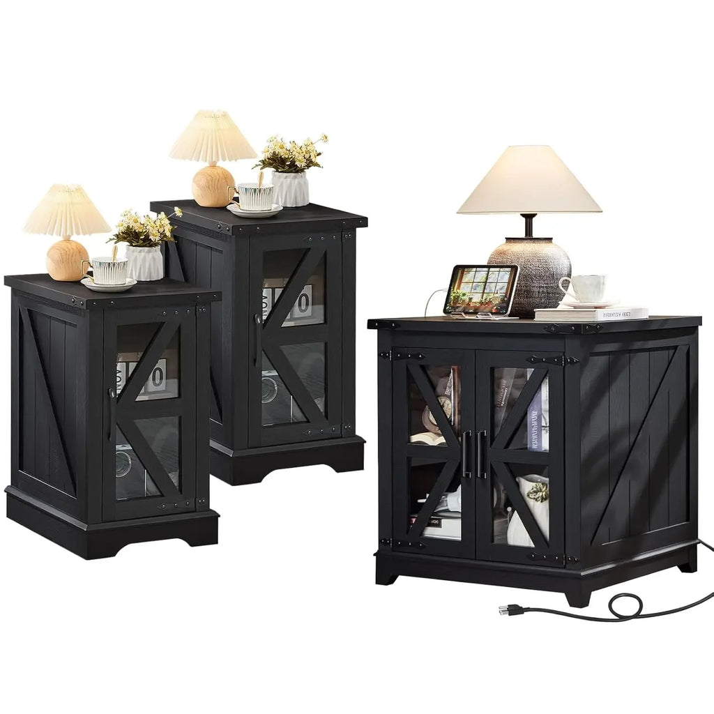 Farmhouse End Table Set 3, Narrow 18'' Night Stand with Glass Barn Door, 24" Square Side Table with Charger, Customized