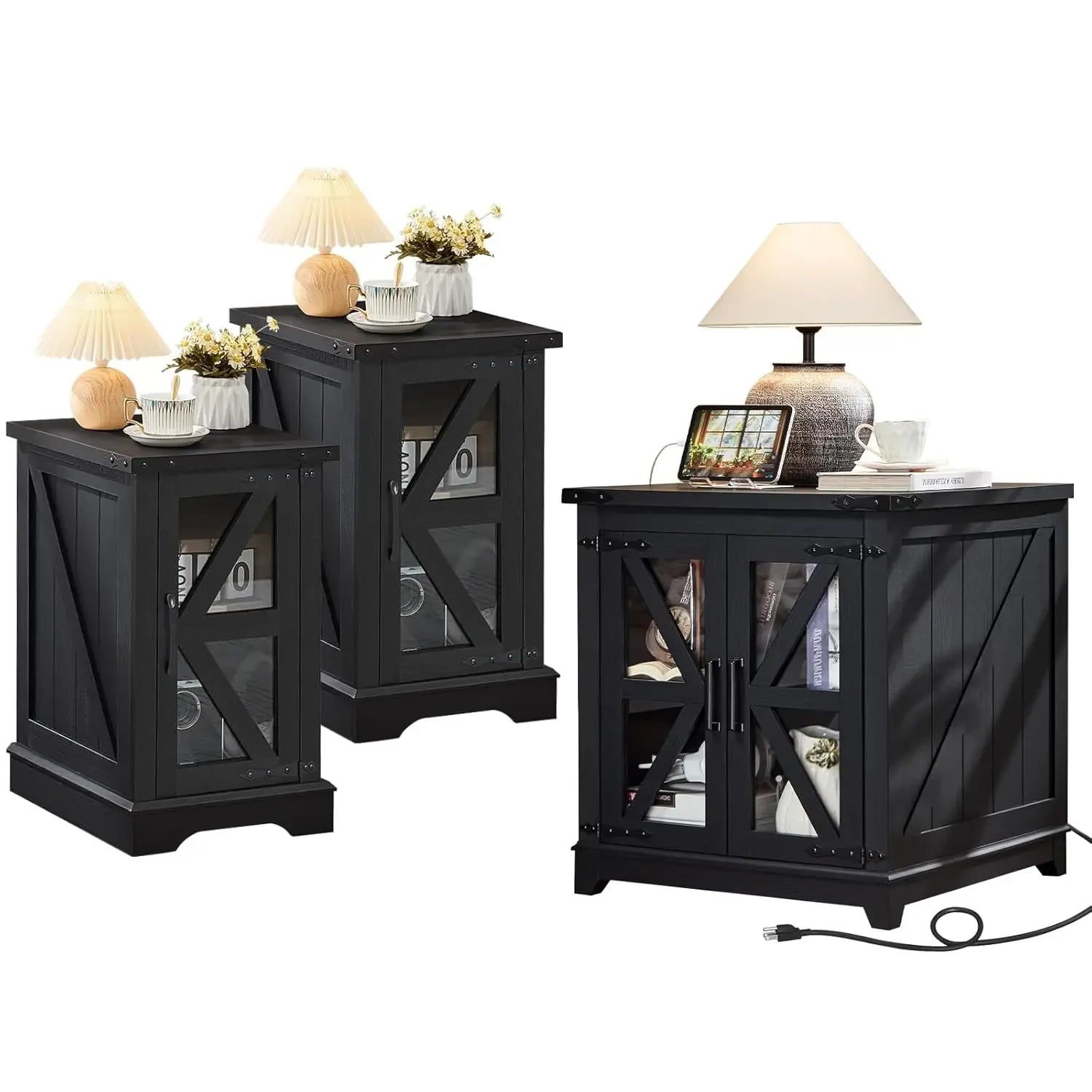 Farmhouse End Table Set 3, Narrow 18'' Night Stand with Glass Barn Door, 24" Square Side Table with Charger, Customized