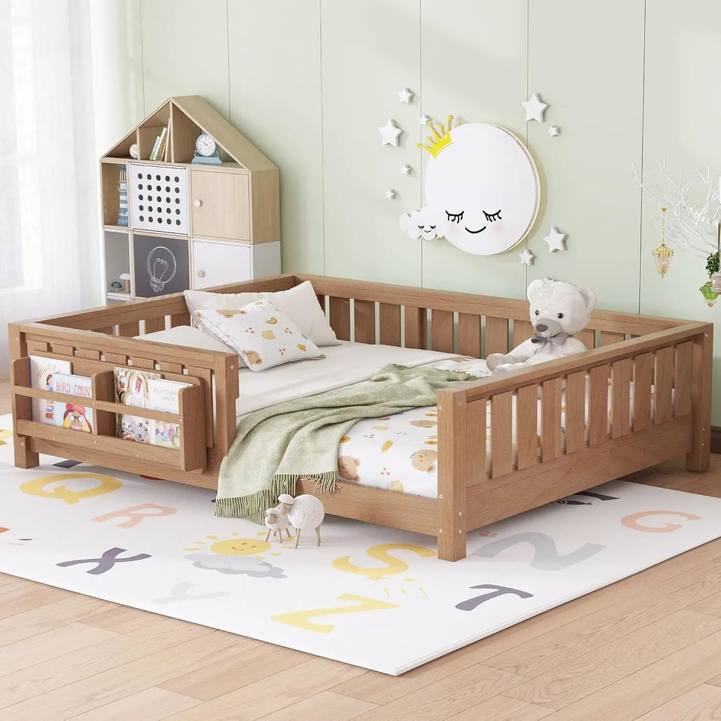 Full Size Kids Montessori Bed Frame with Stairs Bookshelf Drawers Storage Low Profile, Customized