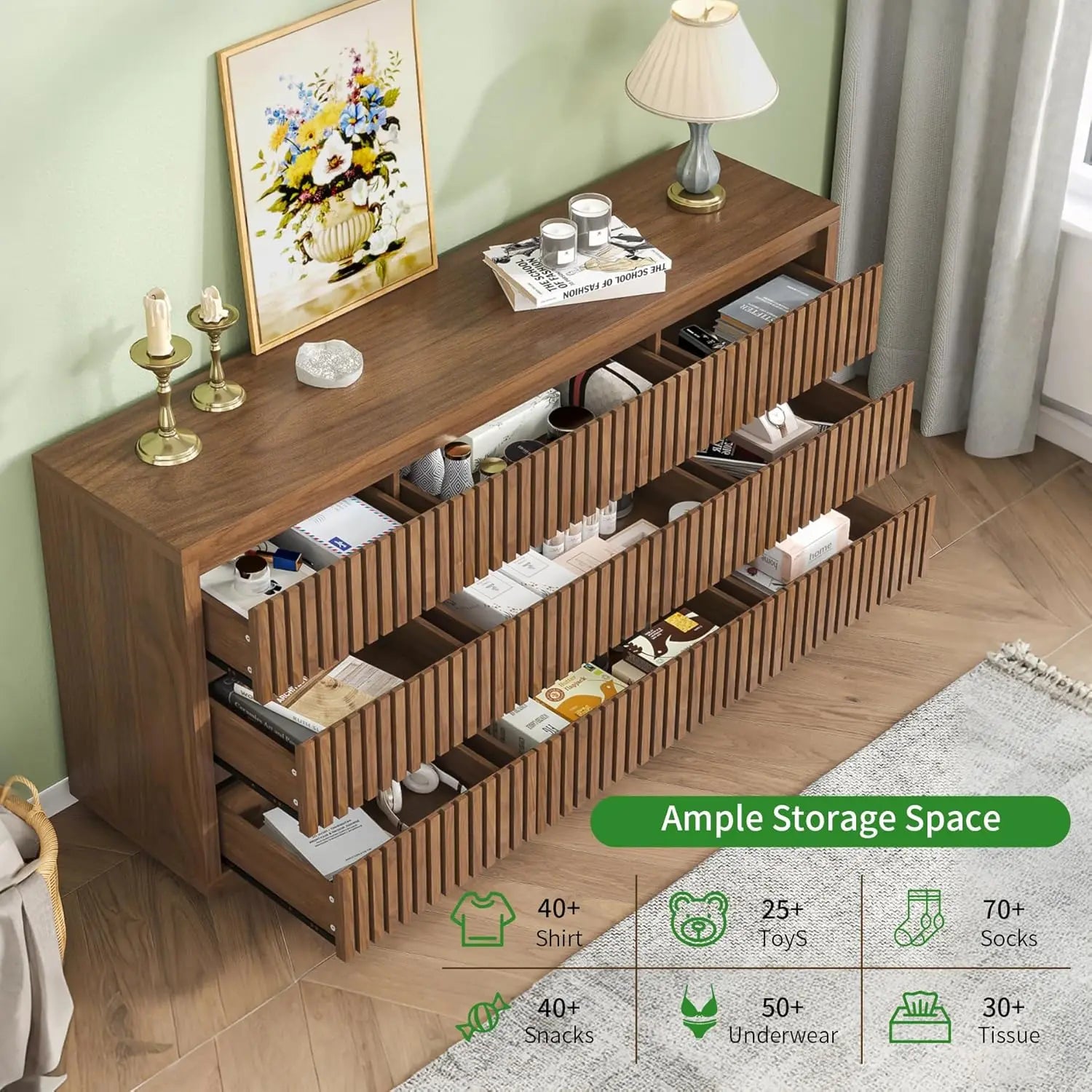 Fluted 9 Drawer Dresser for Bedroom, 58" Wide Vintage Chest of Drawers