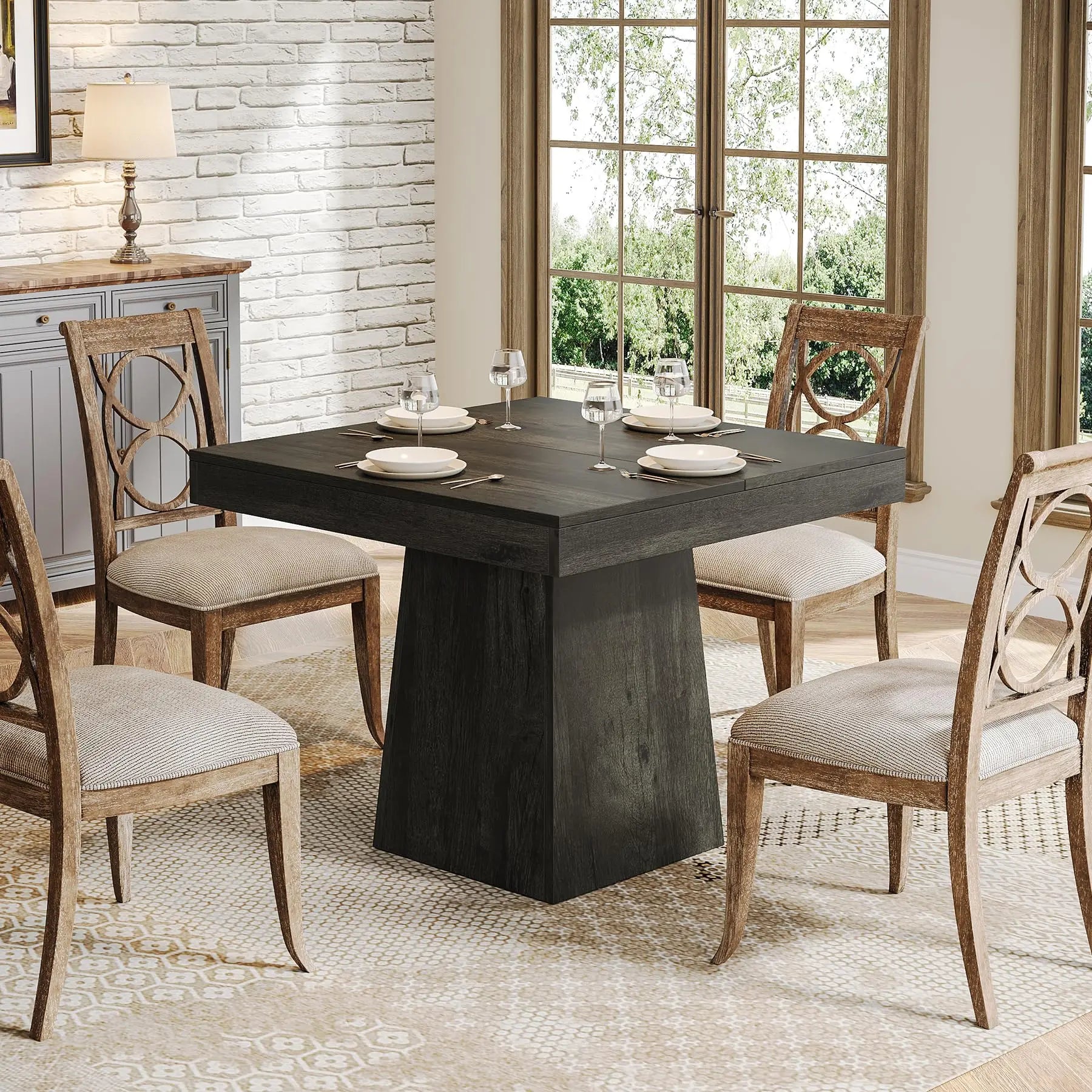 Square Dining Table with Sturdy Pedestal Base, Farmhouse Dining Room