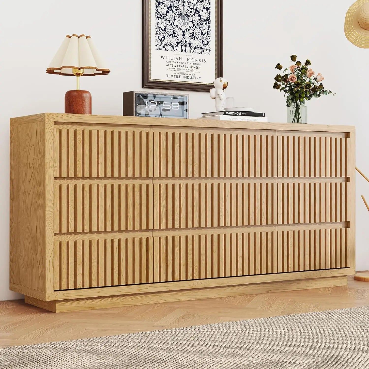 Fluted 9 Drawer Dresser for Bedroom, 58" Wide Vintage Chest of Drawers