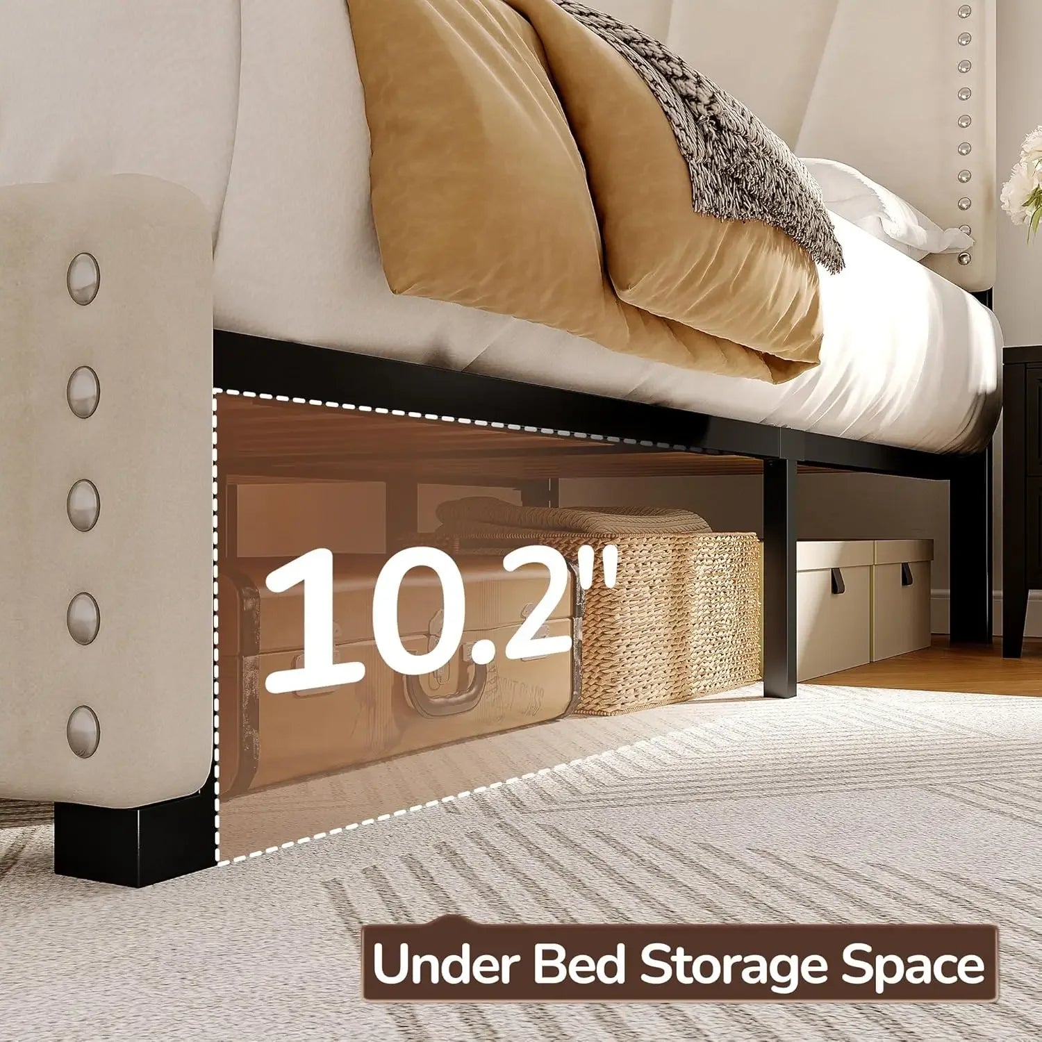 Velvet Headboard and LED Lights， Storage Headboard Platform Bed with Charging Station