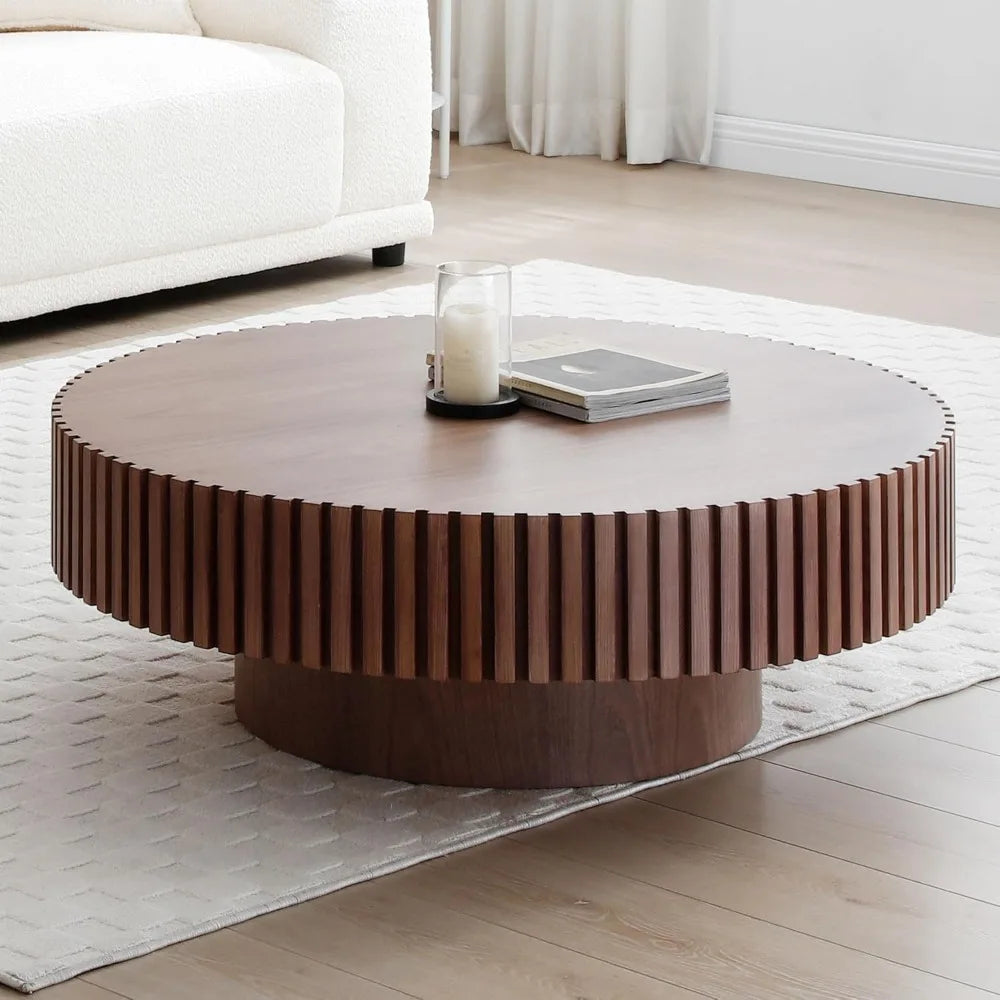 Walnut Round Coffee Table, Modern Luxury Wood Circle Drum Center Table for Living Room, Accent Side End Tea