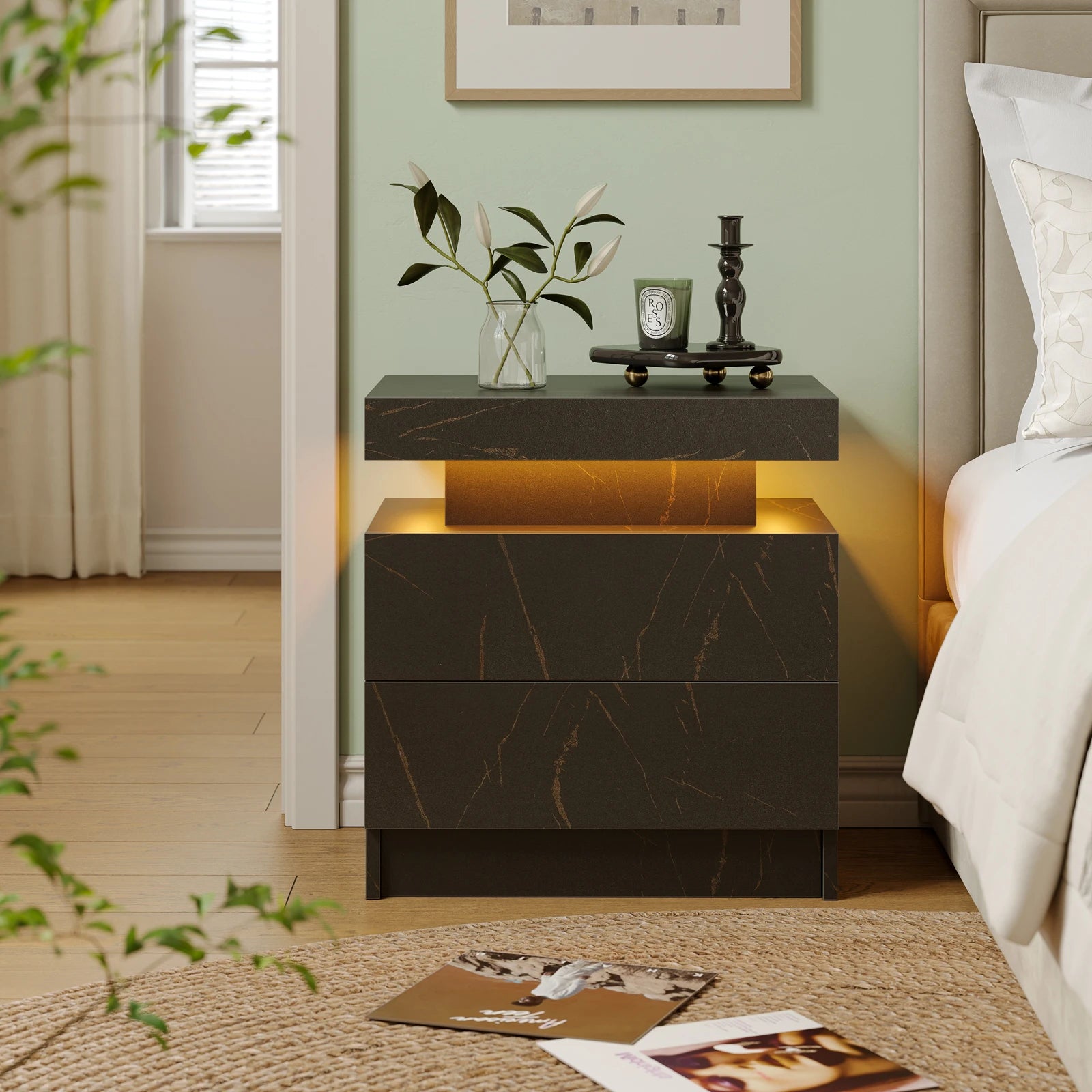 Cubehom LED Nightstands with 2 Drawers, End Table with RGB LED Lights for Bedroom Living Room