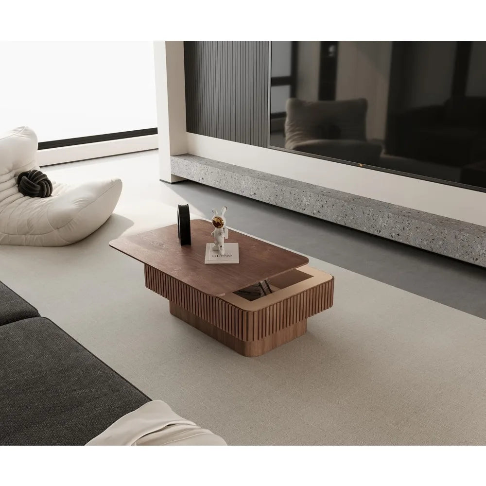 Modern Lift Top Coffee Table with Storage, Walnut Wood Fluted Design for Living Room Office