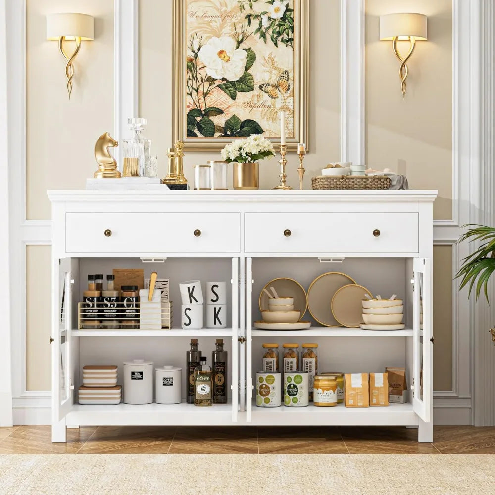 Large Sideboard Kitchen Cabinet with 2 Drawers and 4 Glass Doors, White