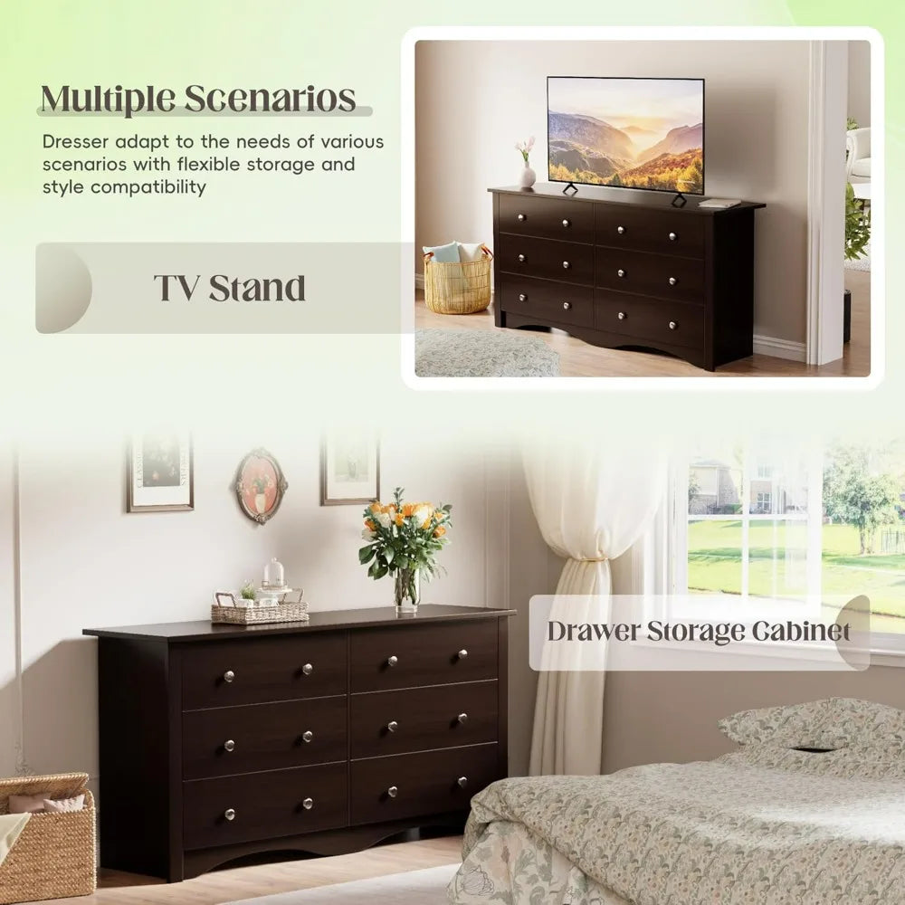 JUMMICO Dresser for Bedroom, 6 Wood Dresser Drawers, Wide Chest of Drawers, Storage Tower Unit Modern Design Bedroom Living Room