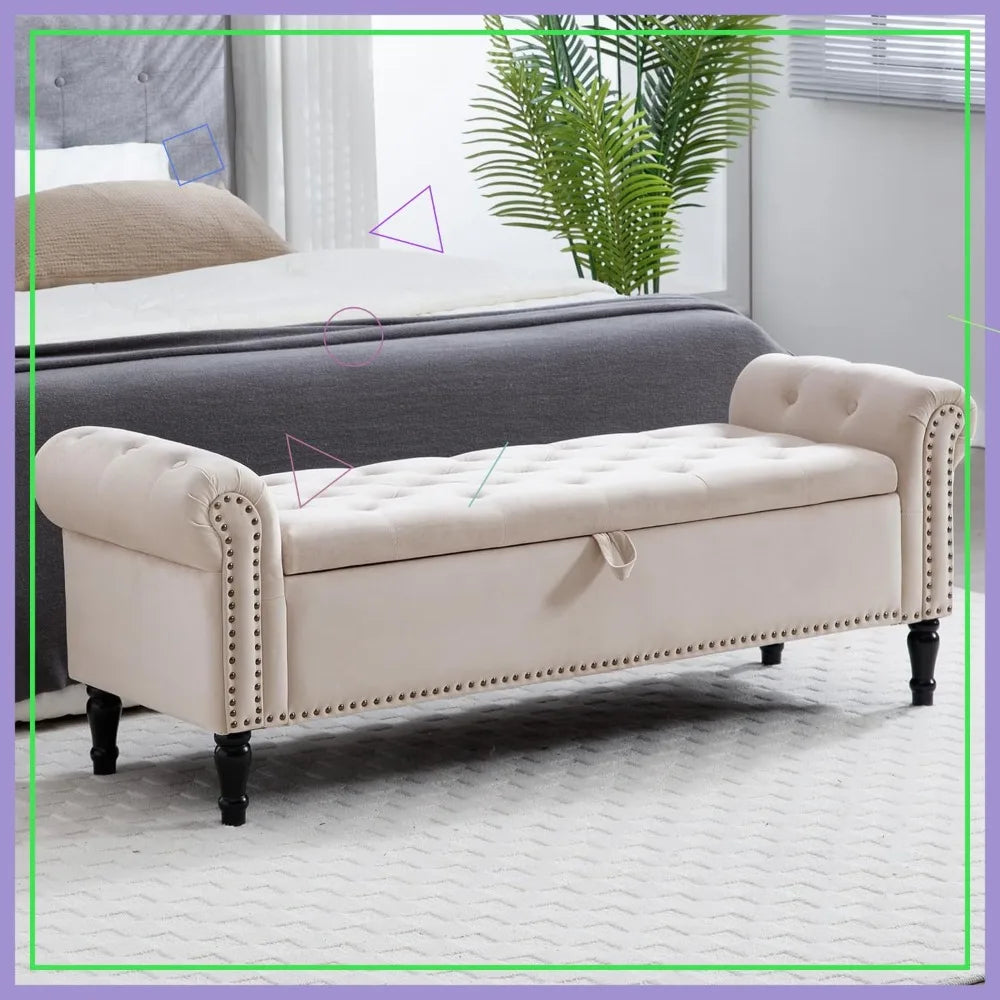 67'' Velvet Storage Bench for King Size Bed, Upholstered Tufted Ottoman with Arms for Bedroom, Living Room, Entryway in Beige
