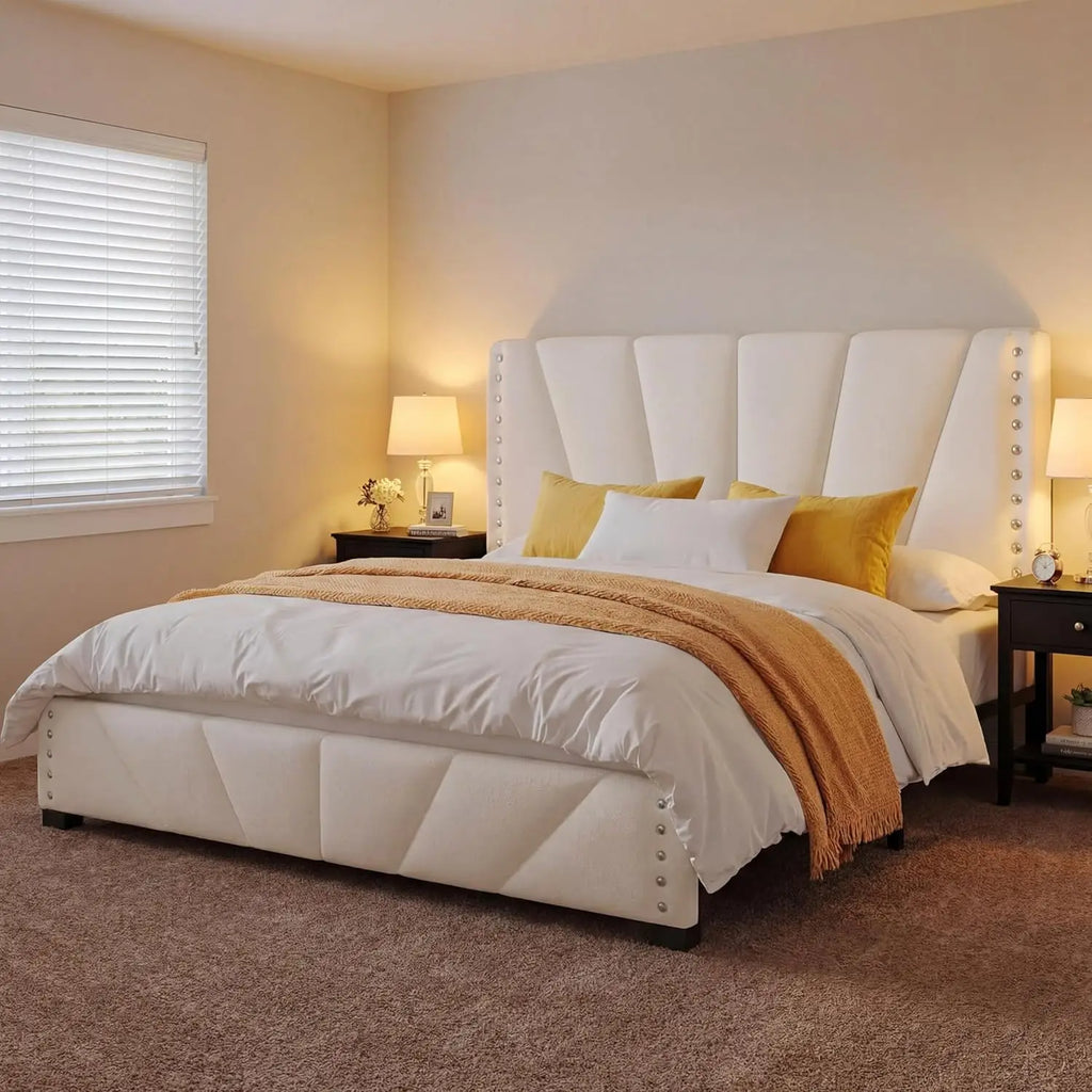 Velvet Headboard and LED Lights， Storage Headboard Platform Bed with Charging Station