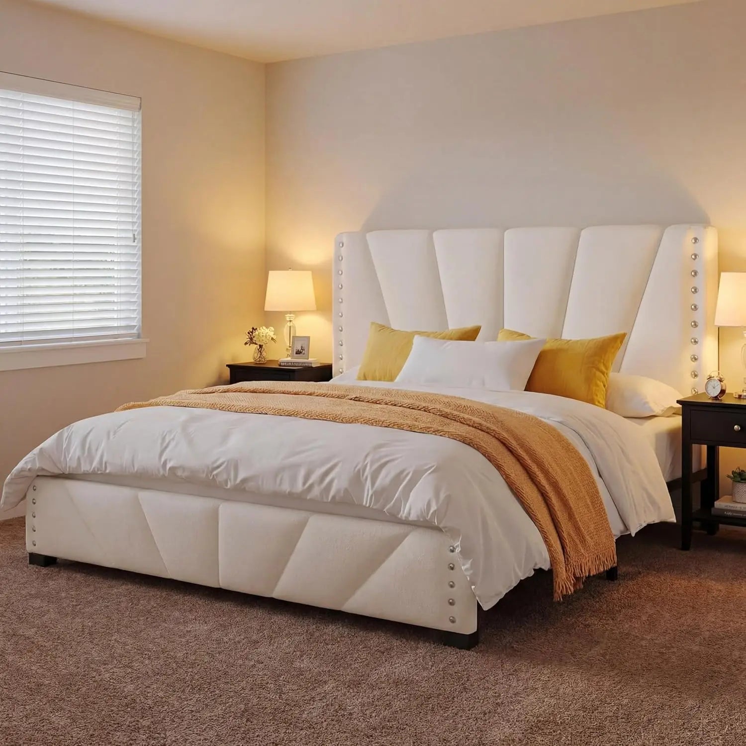 Velvet Headboard and LED Lights， Storage Headboard Platform Bed with Charging Station