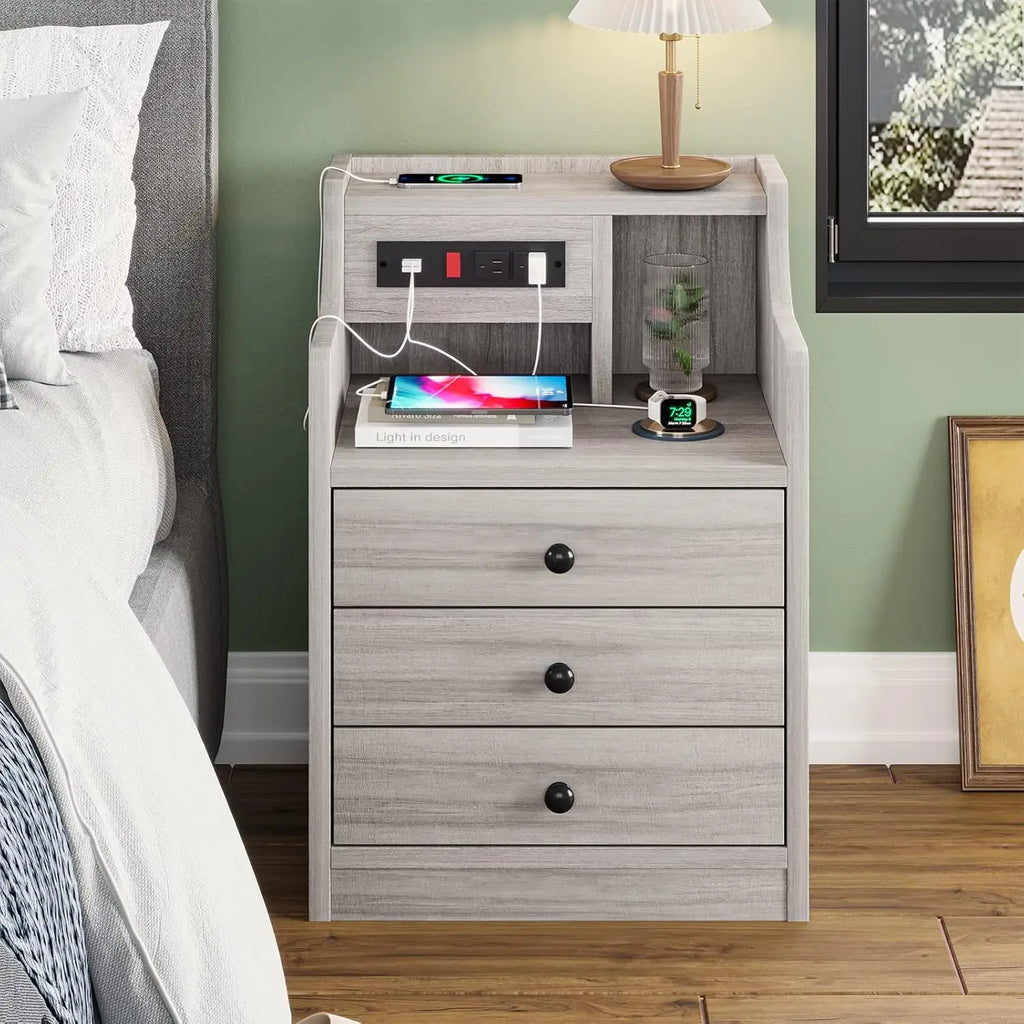 Nightstand with Charging Station & Storage Drawers,
