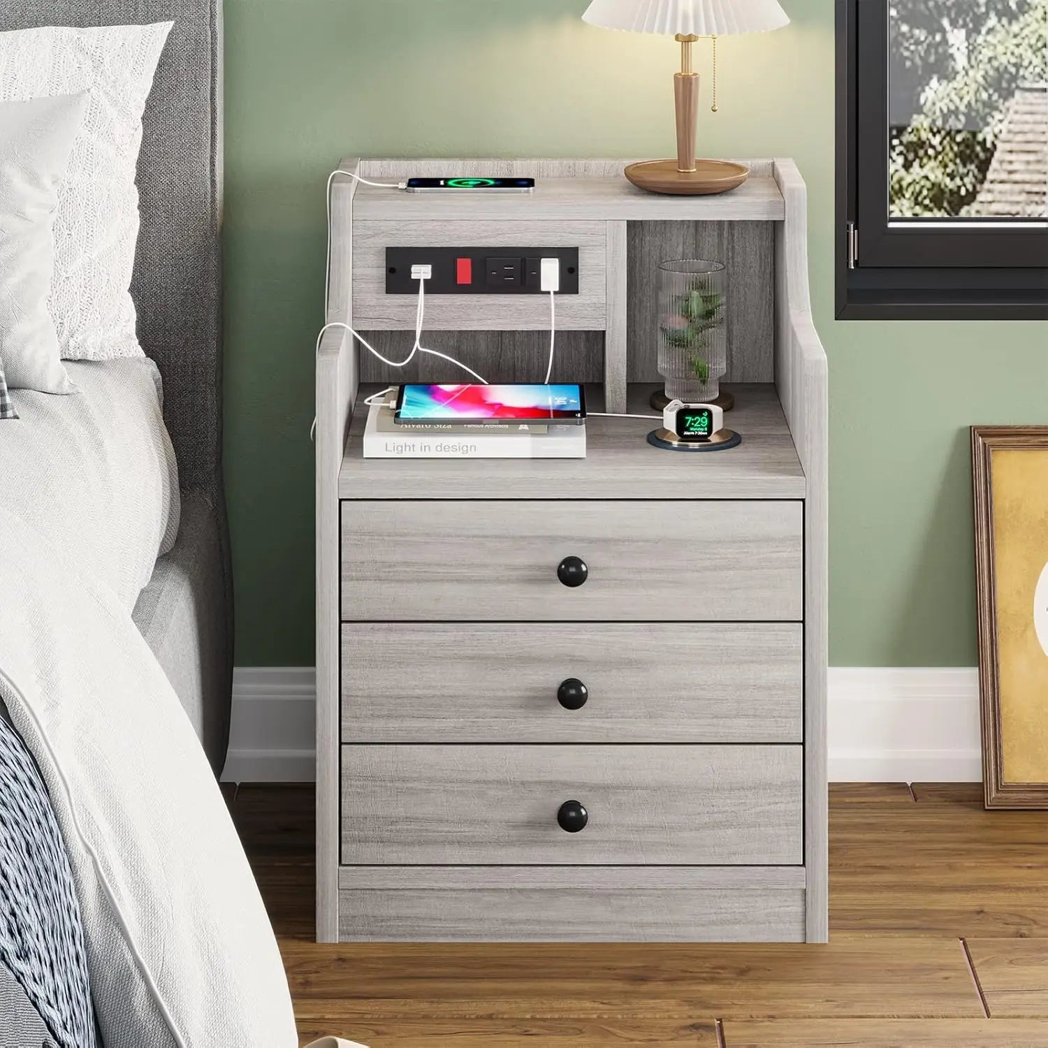 Nightstand with Charging Station & Storage Drawers,