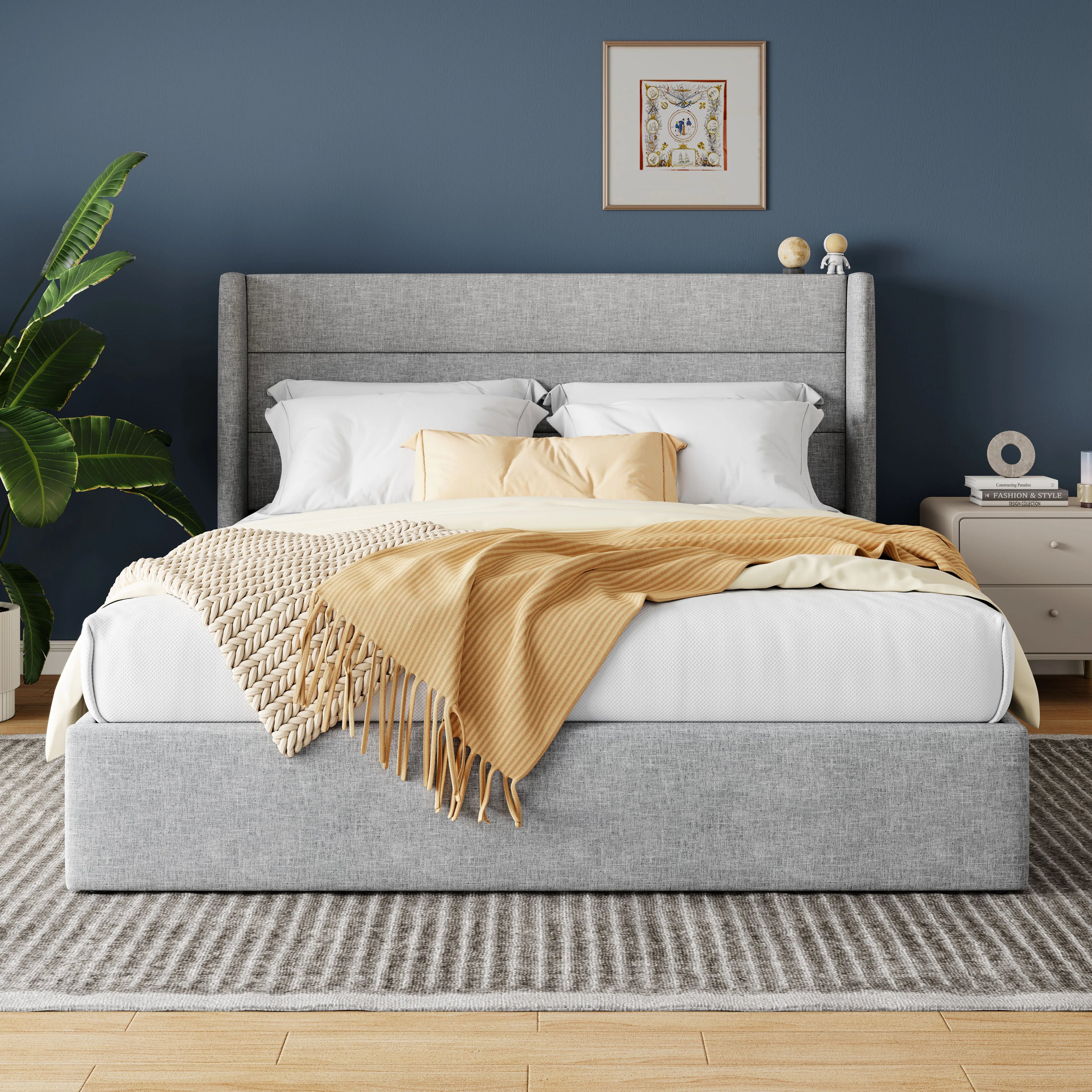 Lift Up Storage Bed with Wingback Headboard Large Underneath Storage