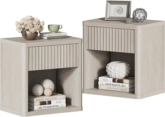 Set of 2 Nightstands with Drawer Storage Fluted Bed Side Table