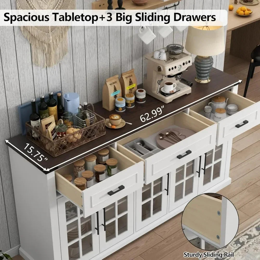 63" large buffet sideboard cabinet with storage, farmhouse buffet table with 3 drawers & 5 glass doors, modern
