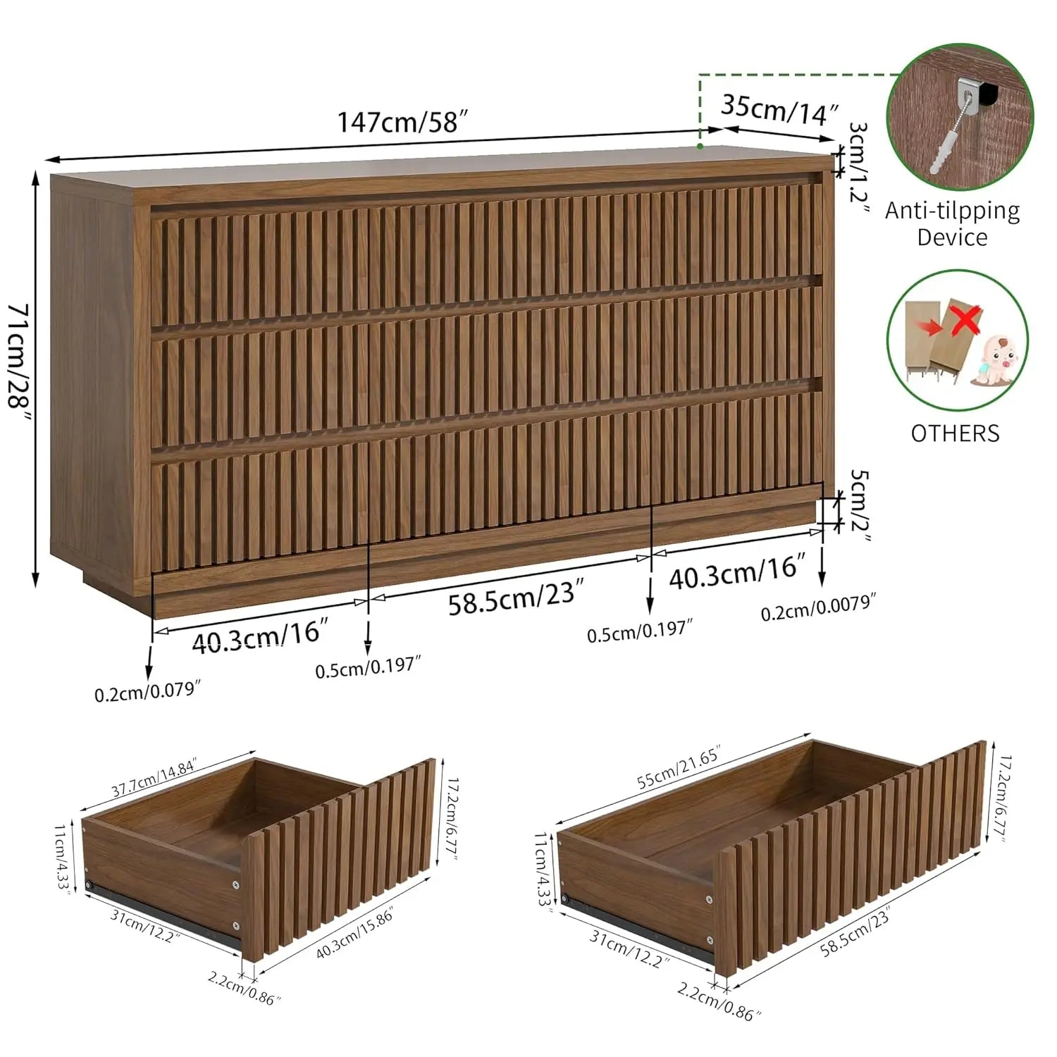 Fluted 9 Drawer Dresser for Bedroom, 58" Wide Vintage Chest of Drawers