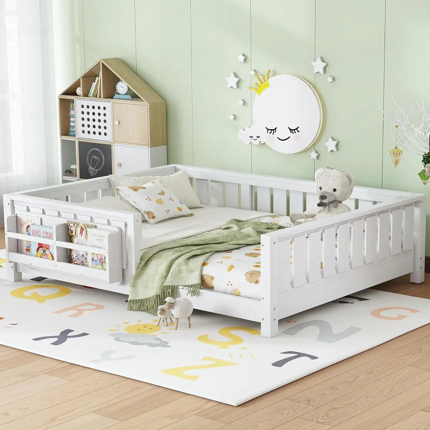 Full Size Kids Montessori Bed Frame with Stairs Bookshelf Drawers Storage Low Profile, Customized