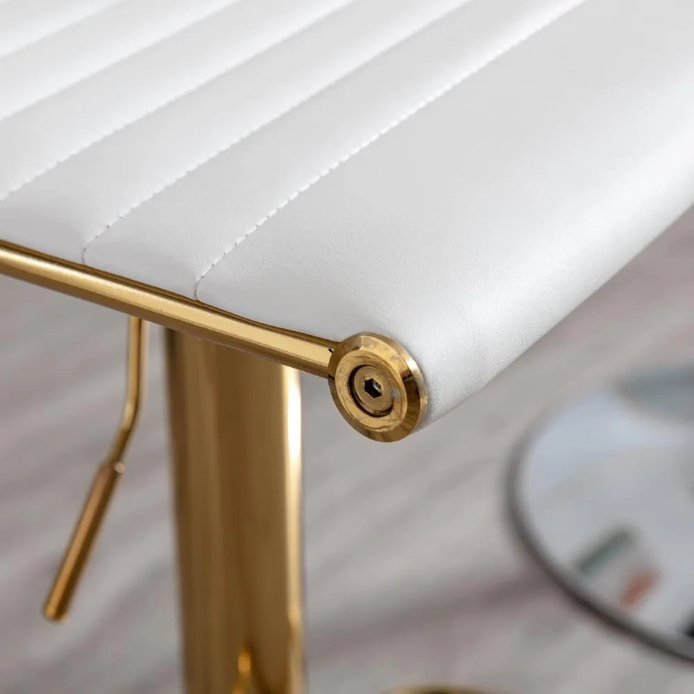 Adjustable Bar Stools Set of 2, White Faux Leather Counter Height Chairs with Gold Base, 360° Swivel
