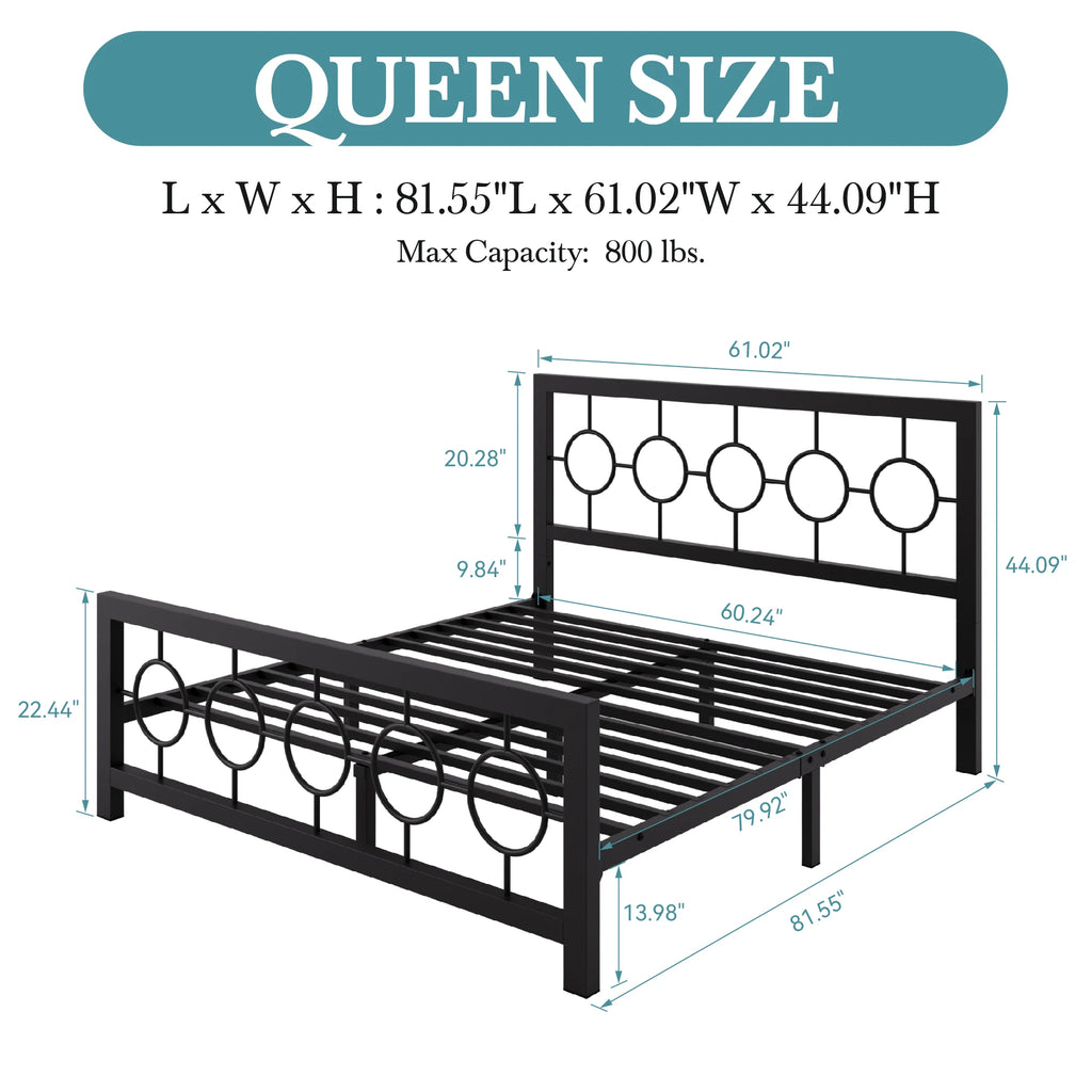 Metal Platform Bed Frame with Vintage Circular Design Headboard and Footboard,  Extra Under-Bed Storage