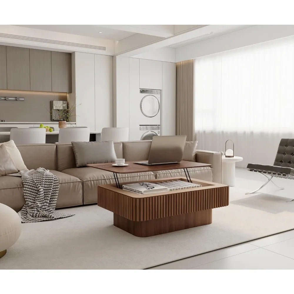 Modern Lift Top Coffee Table with Storage, Walnut Wood Fluted Design for Living Room Office