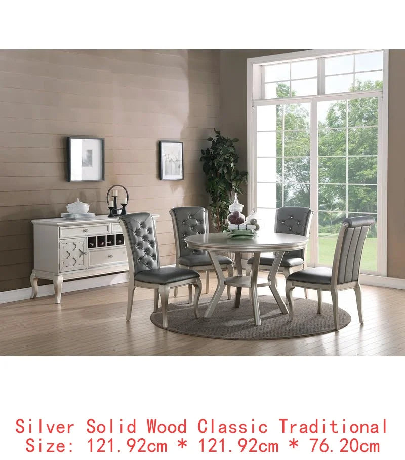 7pc Rect. Glass Dining Table Set w/ Silver Hue & 6 Tufted Side Chairs