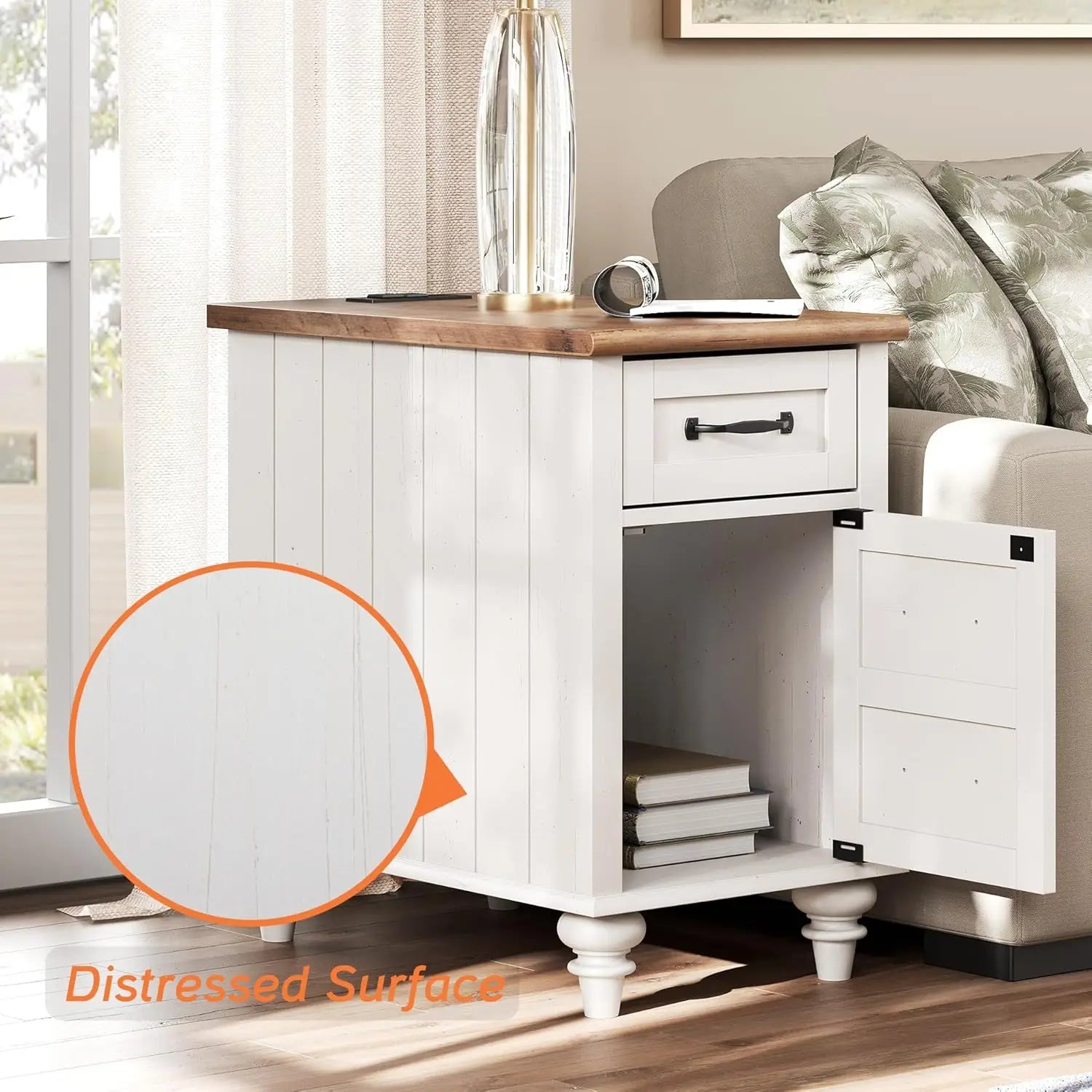 End Table with Charging Station, White Side Table with Storage Cabinet and Drawer, Wood Nightstand with Power Outlets & USB Port