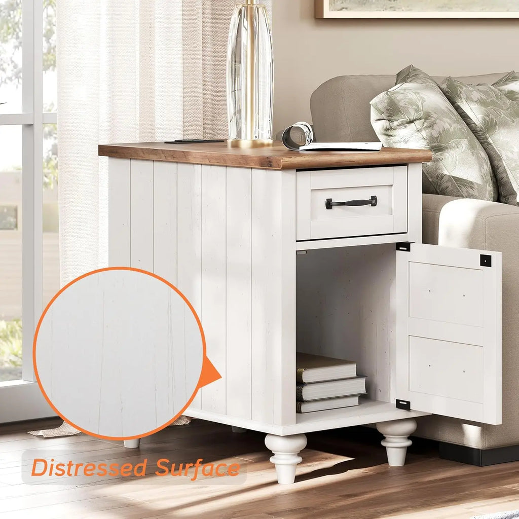 End Table with Charging Station, White Side Table with Storage Cabinet and Drawer, Wood Nightstand with Power Outlets & USB Port