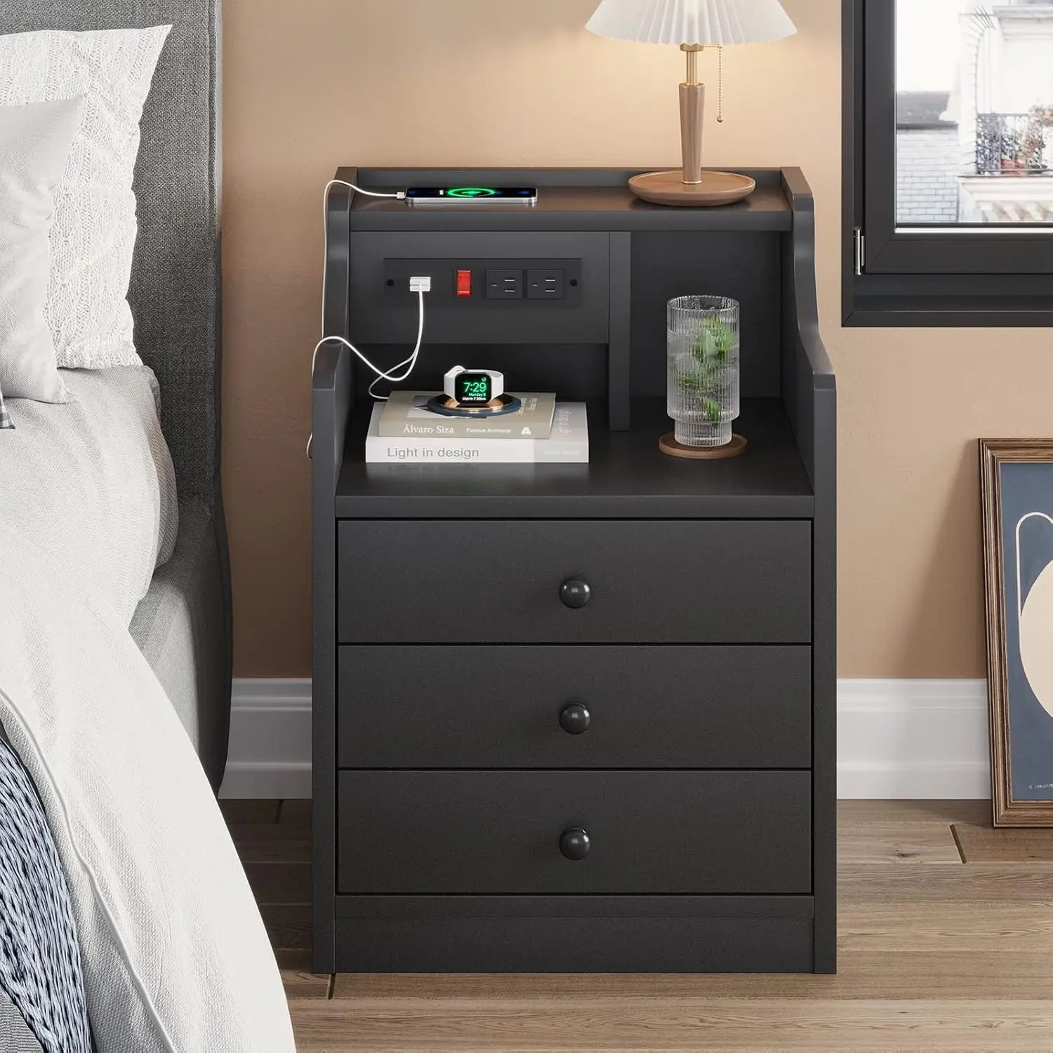 Nightstand with Charging Station & Storage Drawers,