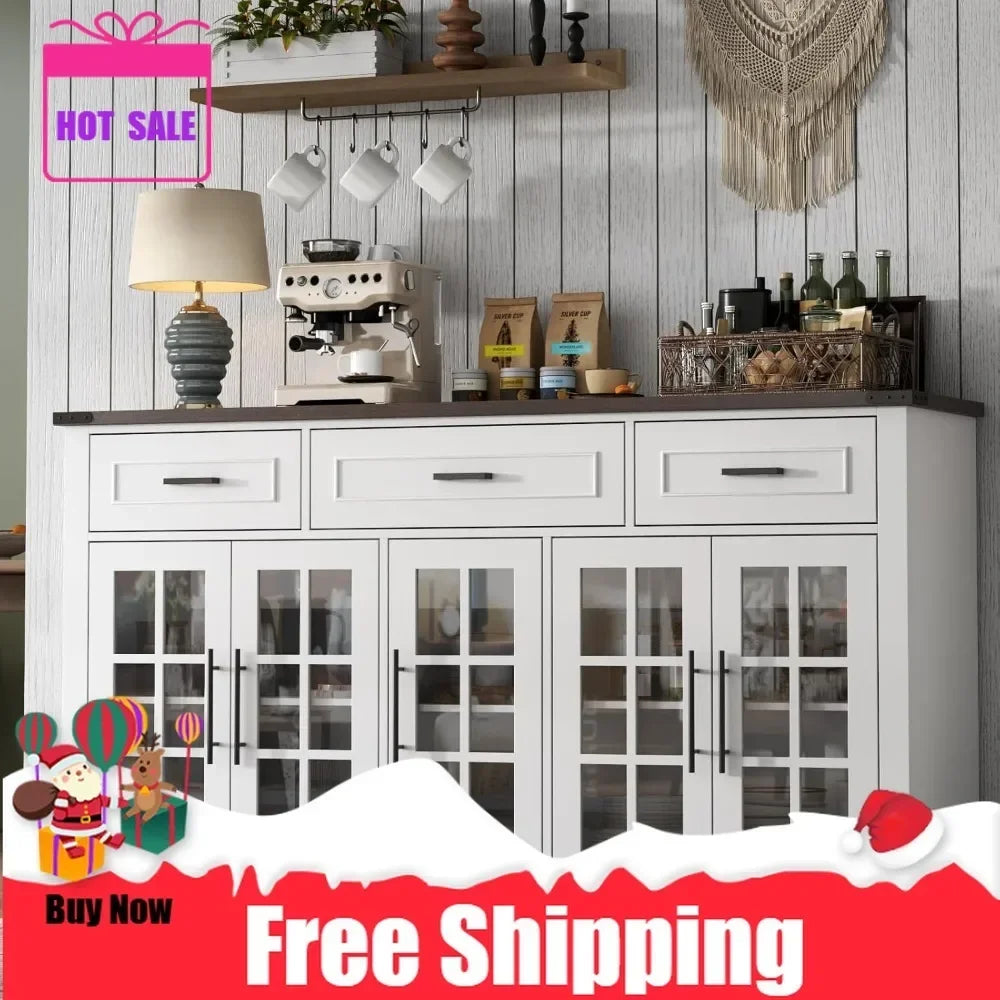 63" large buffet sideboard cabinet with storage, farmhouse buffet table with 3 drawers & 5 glass doors, modern